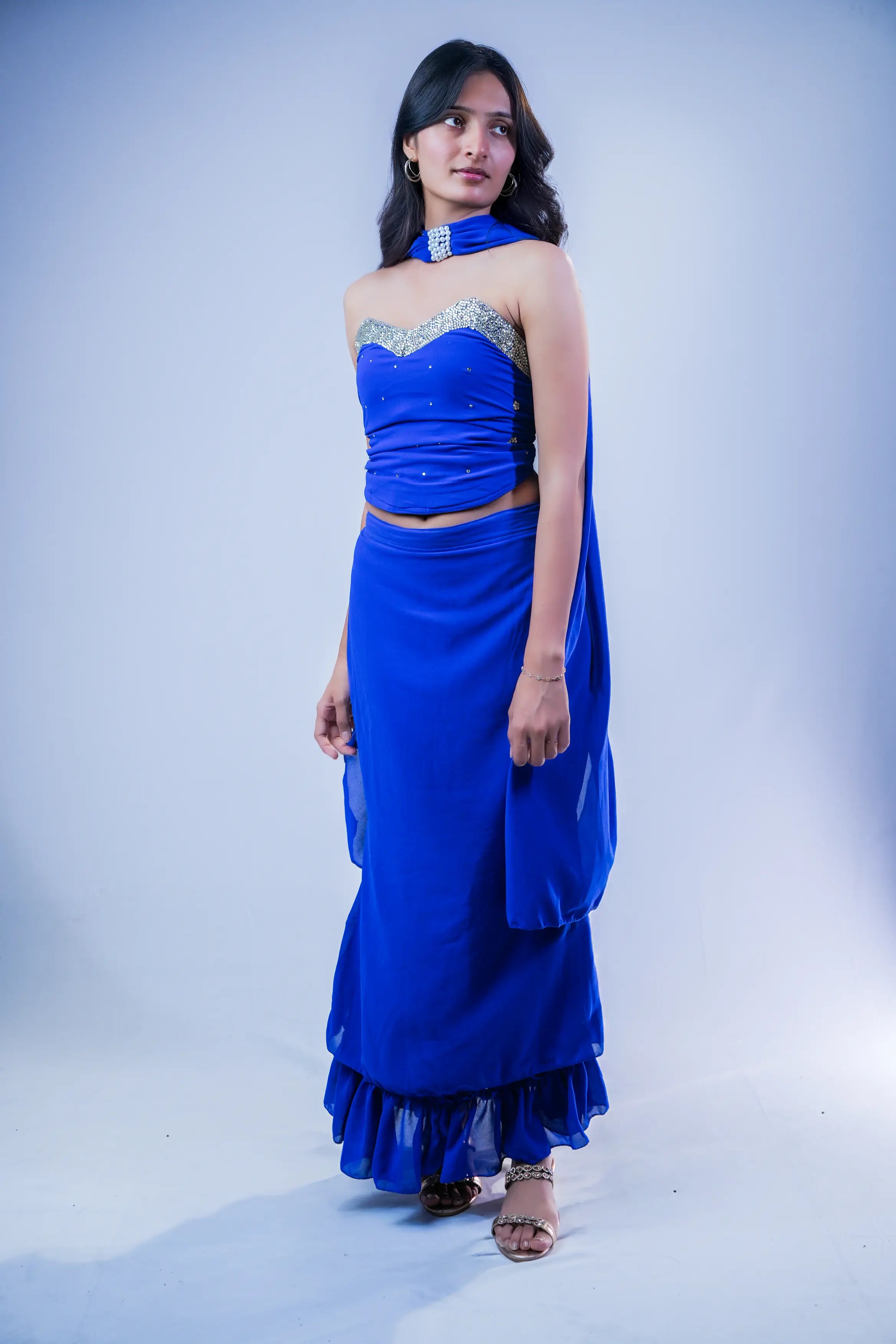Royal Blue Mirror Embellished Ruffle Saree Set