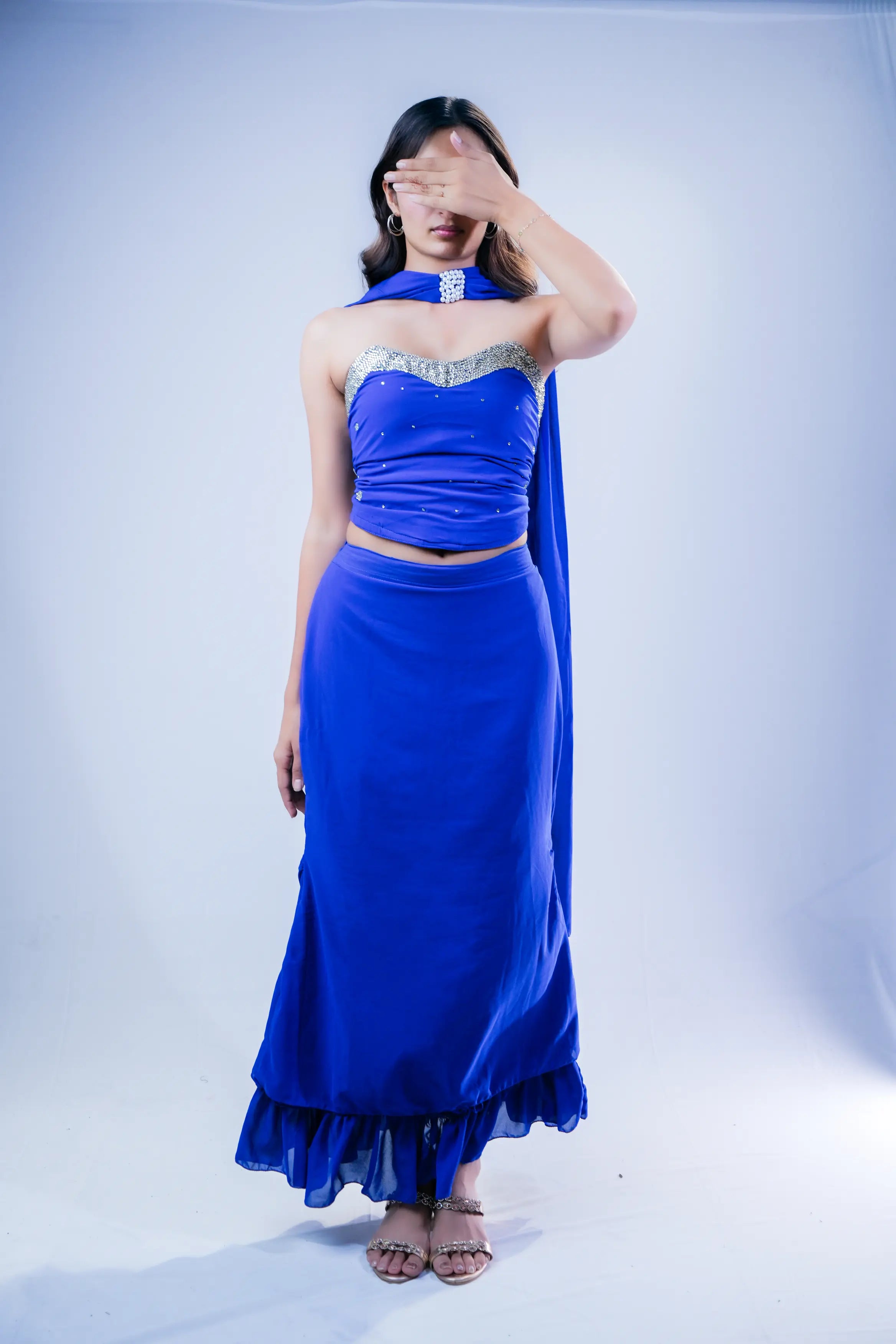 Royal Blue Mirror Embellished Ruffle Saree Set