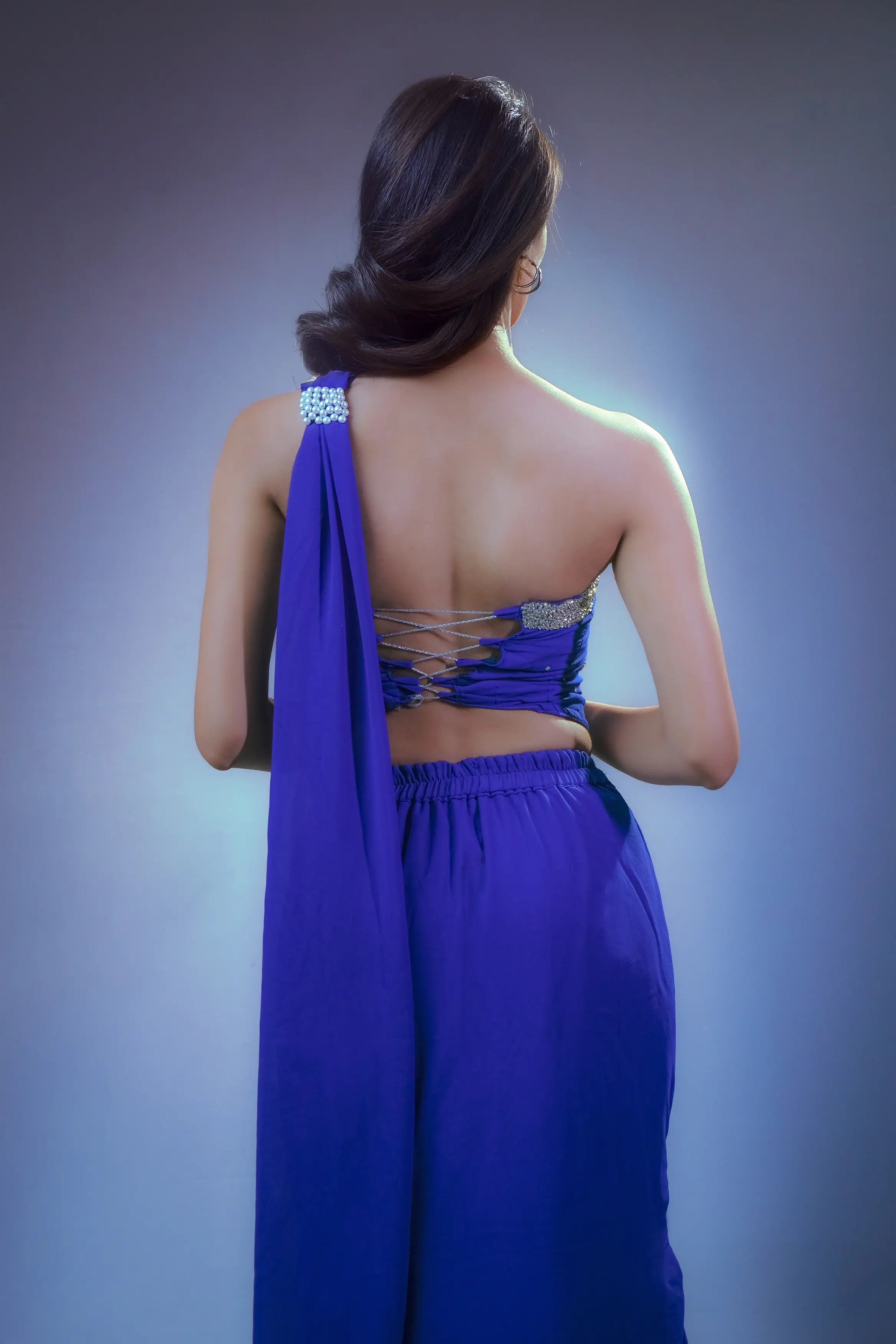 Royal Blue Mirror Embellished Ruffle Saree Set