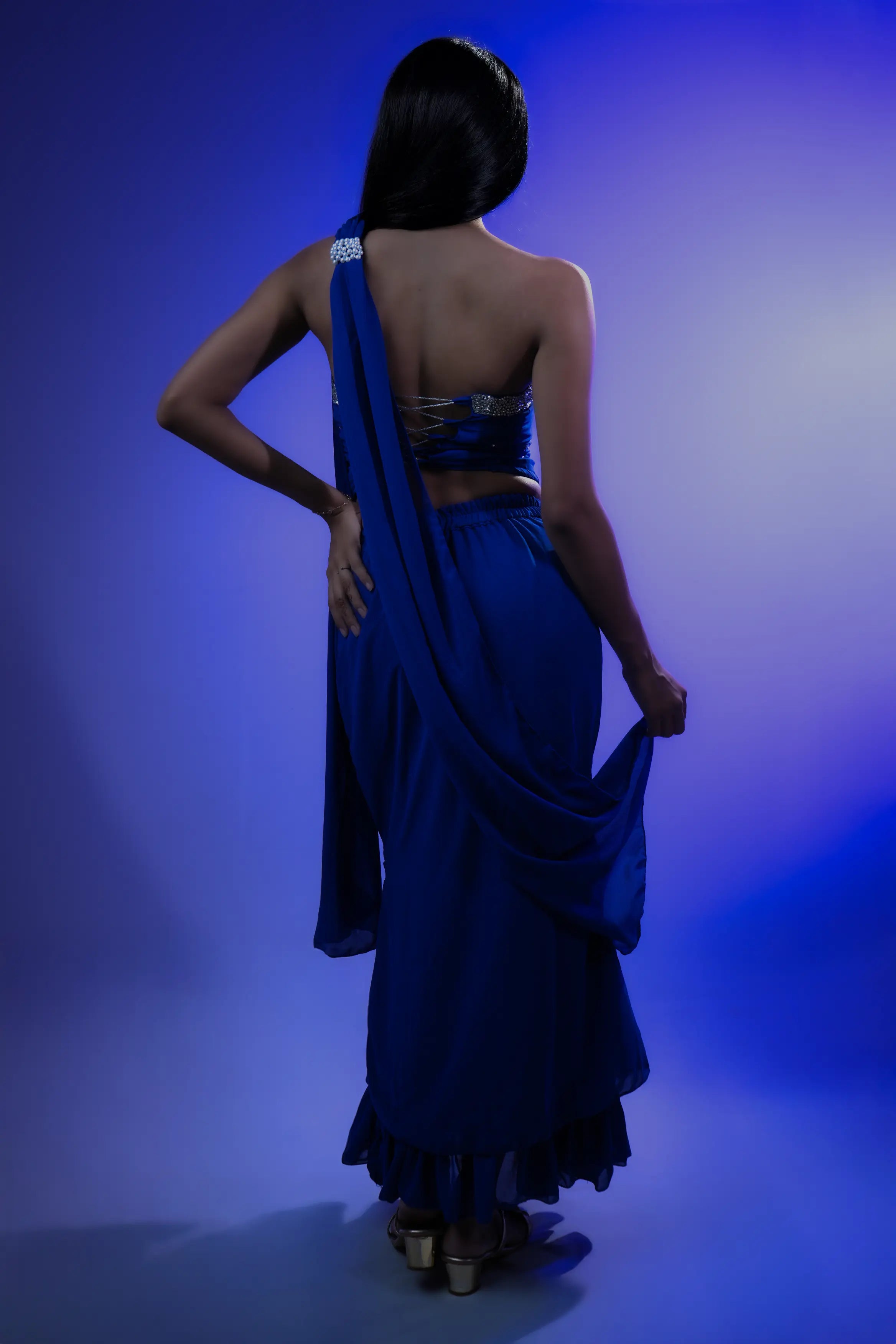 Royal Blue Mirror Embellished Ruffle Saree Set