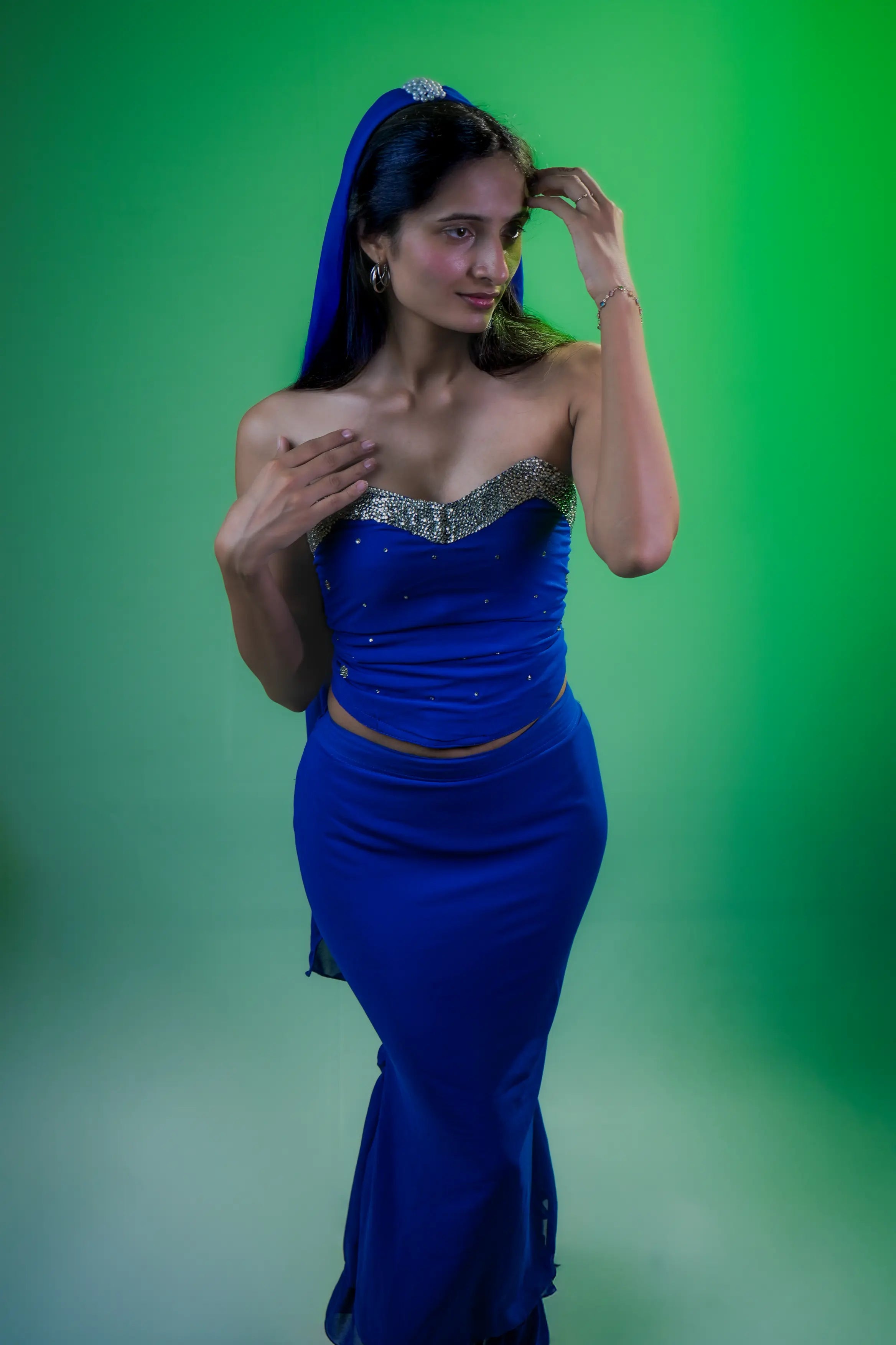 Royal Blue Mirror Embellished Ruffle Saree Set