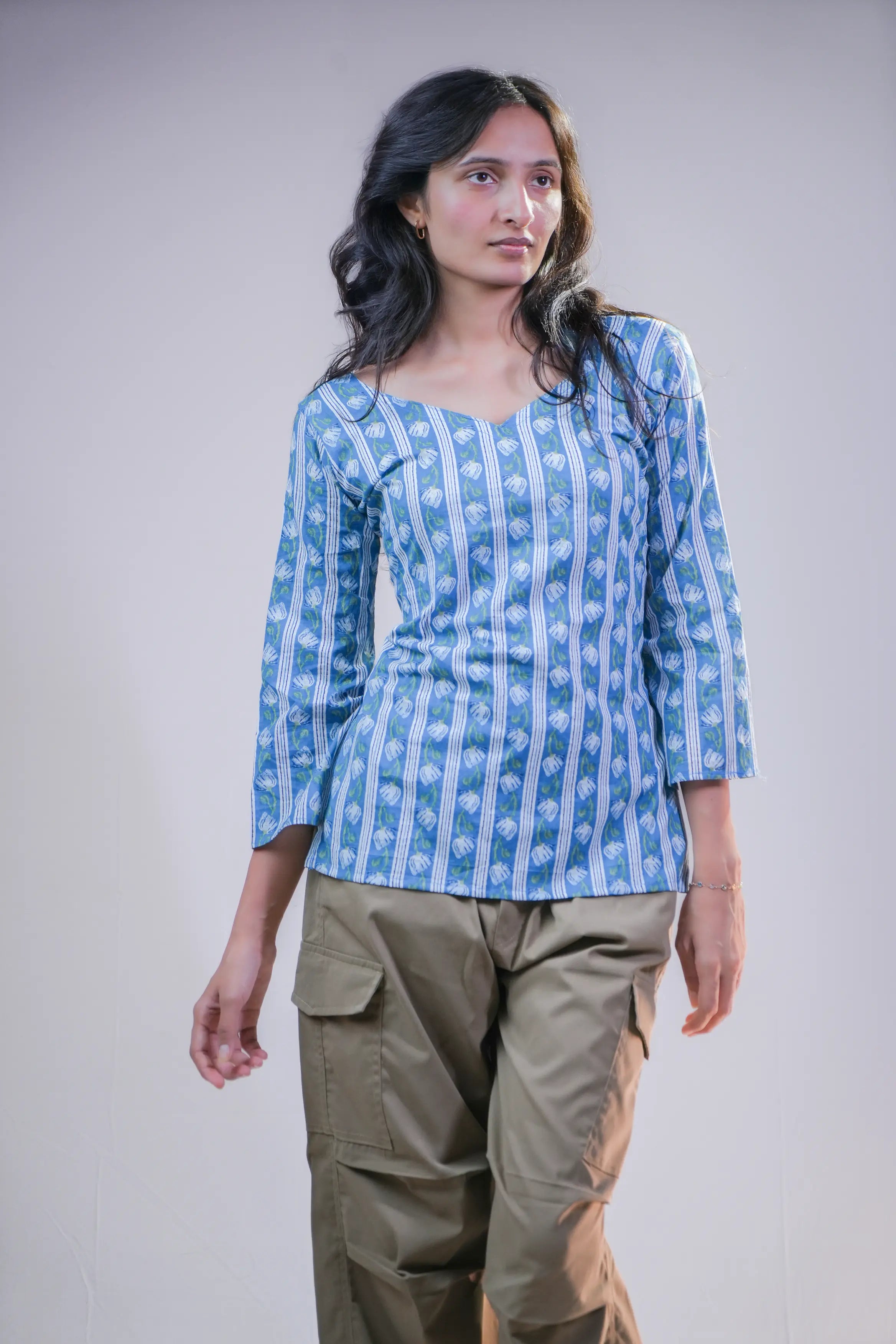 Indigo Handblock V-Neck Cotton Top