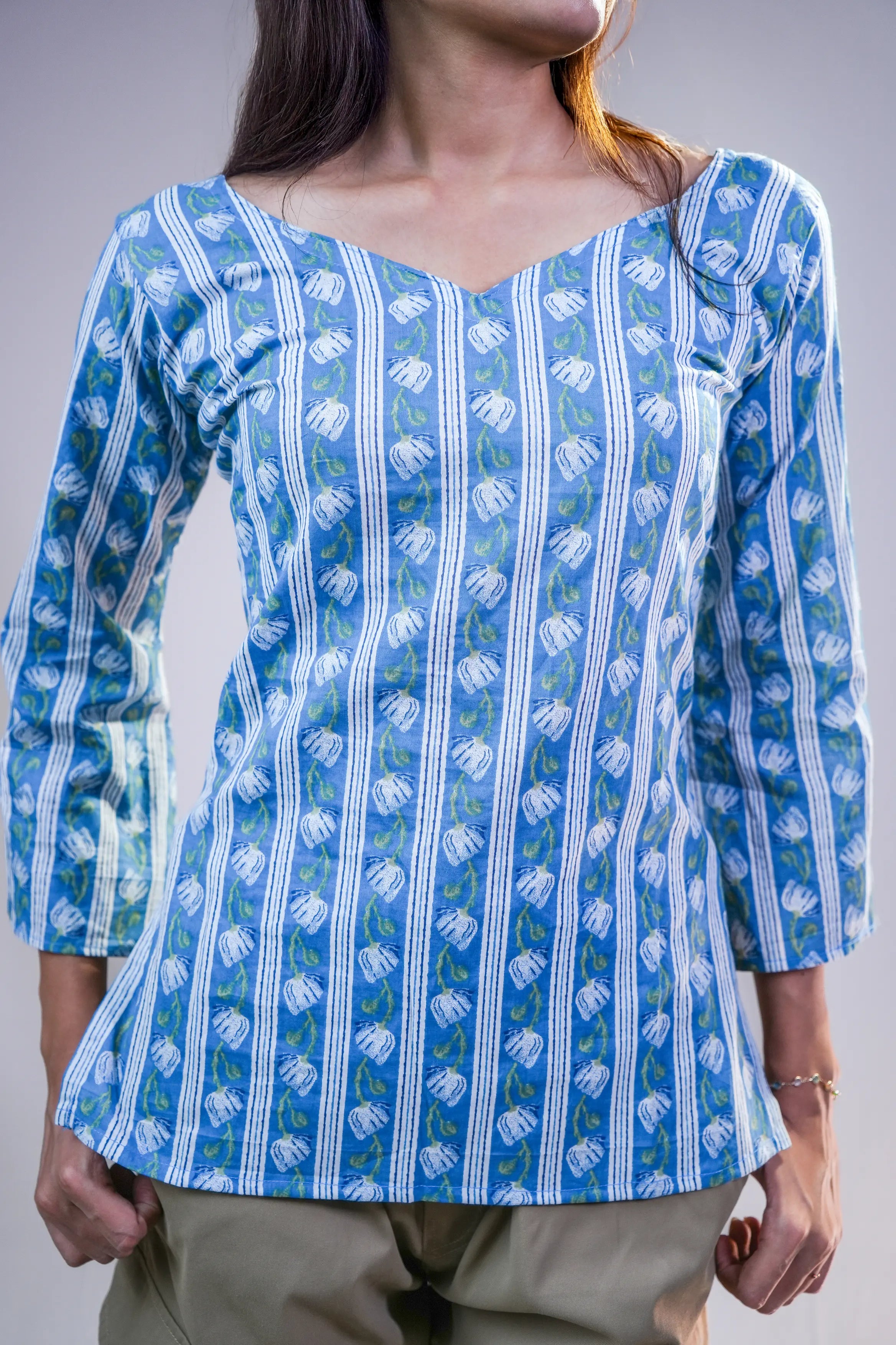Indigo Handblock V-Neck Cotton Top