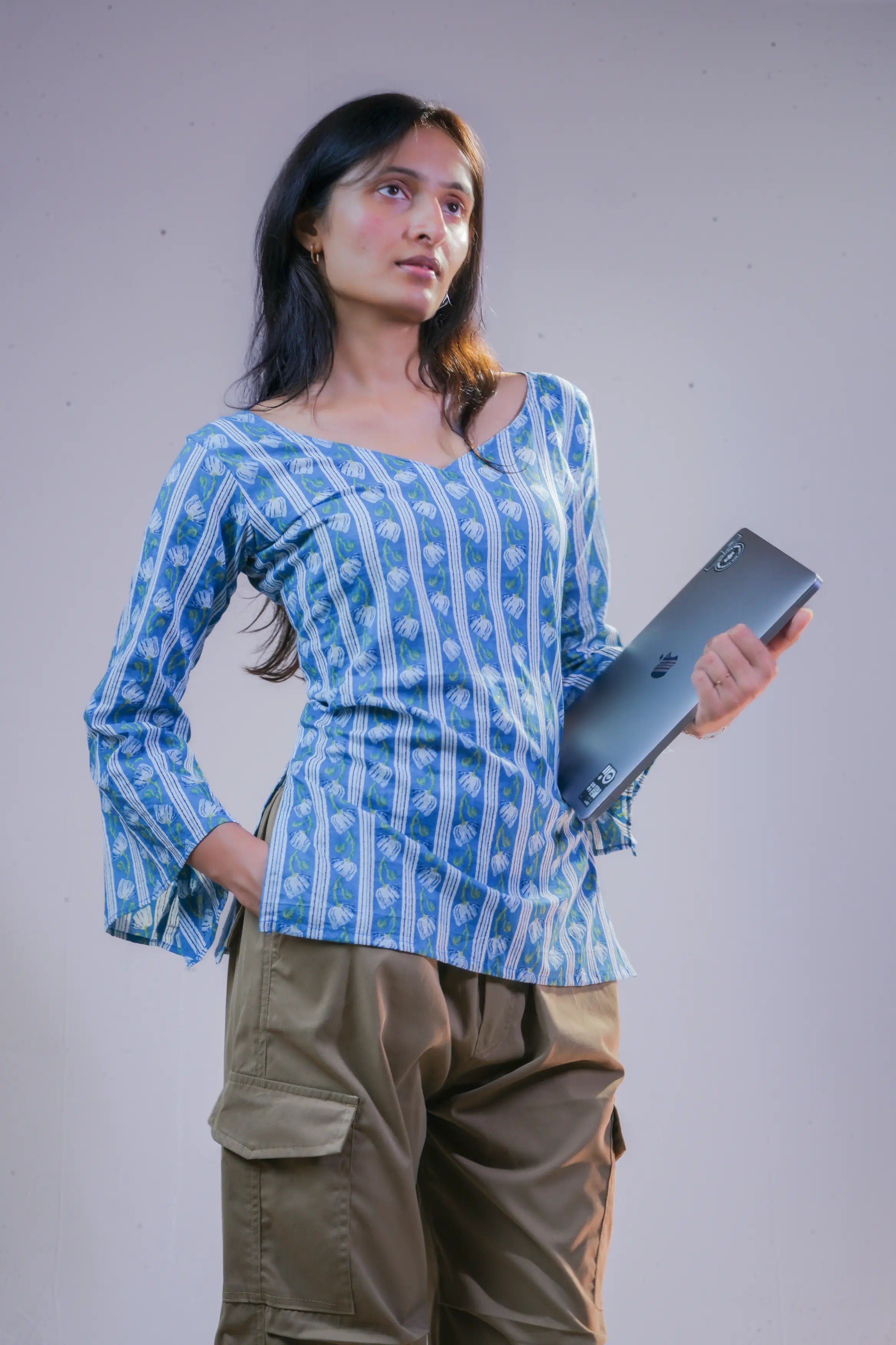 Indigo Handblock V-Neck Cotton Top