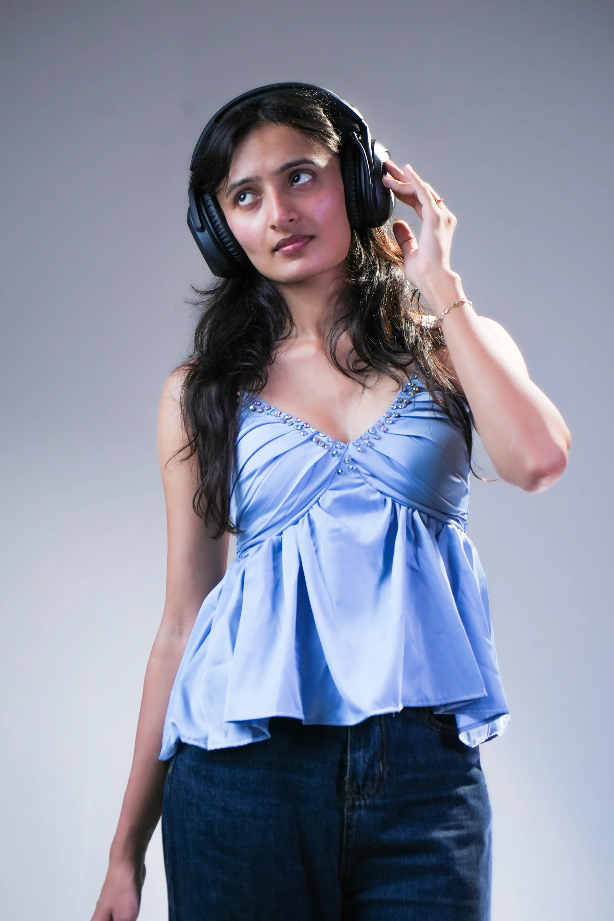 Sky Blue Embellished Peplum Cami Top