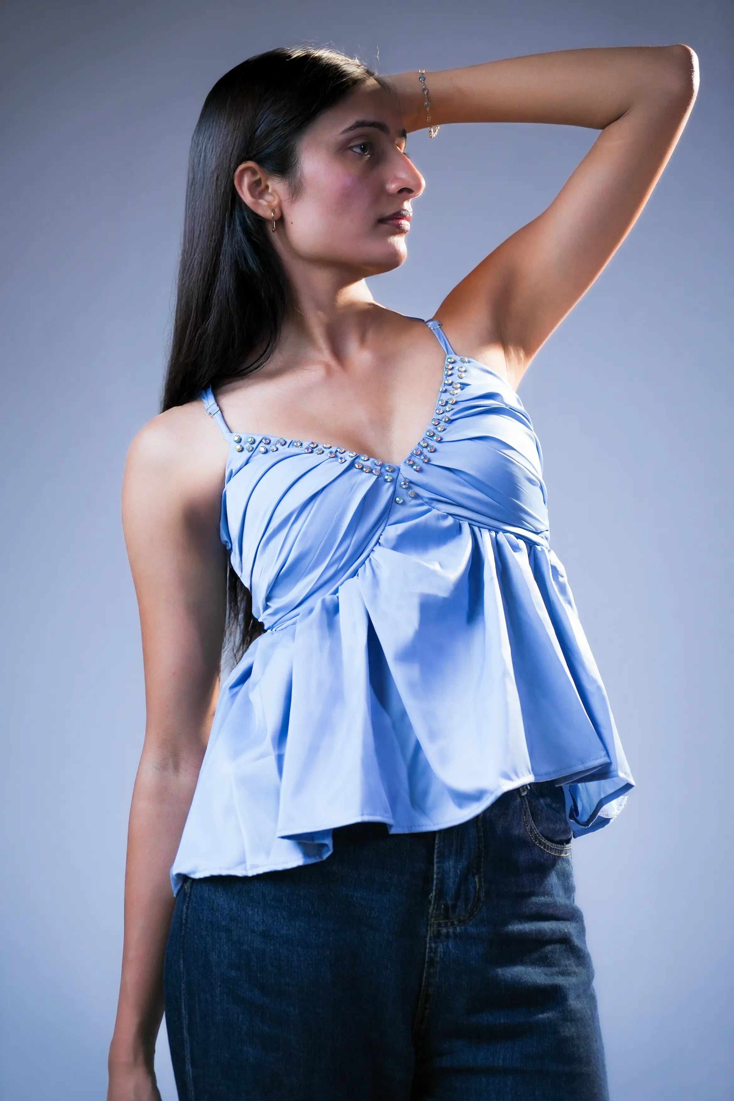 Sky Blue Embellished Peplum Cami Top