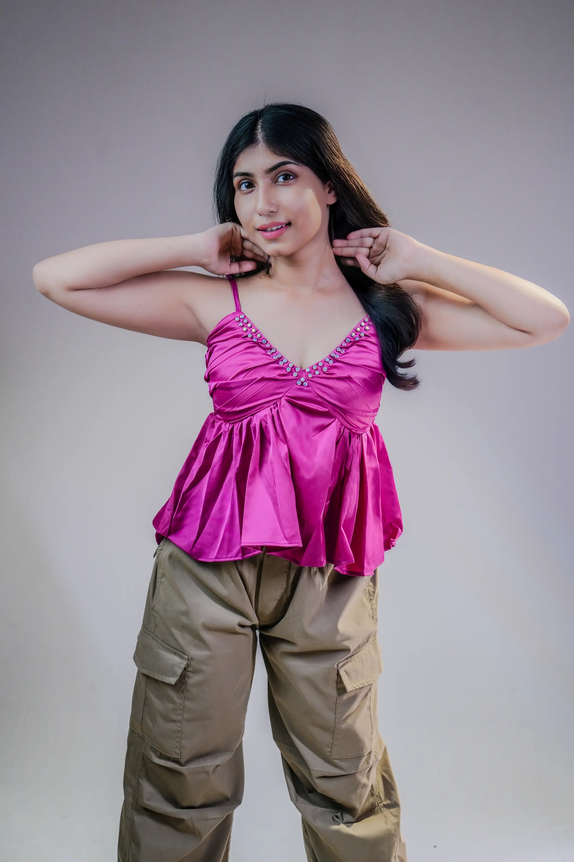 Magenta Embellished Peplum Cami Top