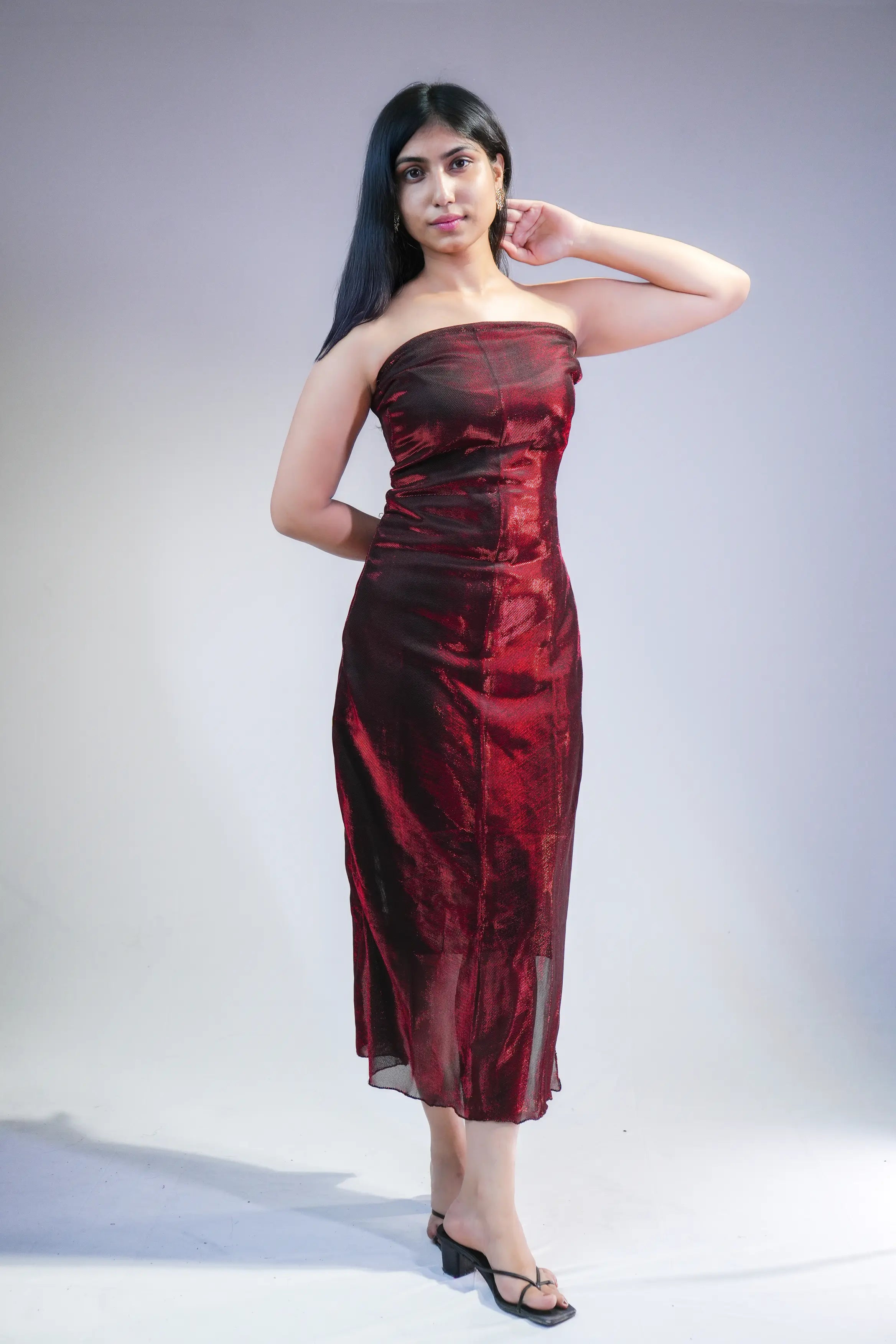 Burgundy Velvet Strapless Bodycon Midi Dress
