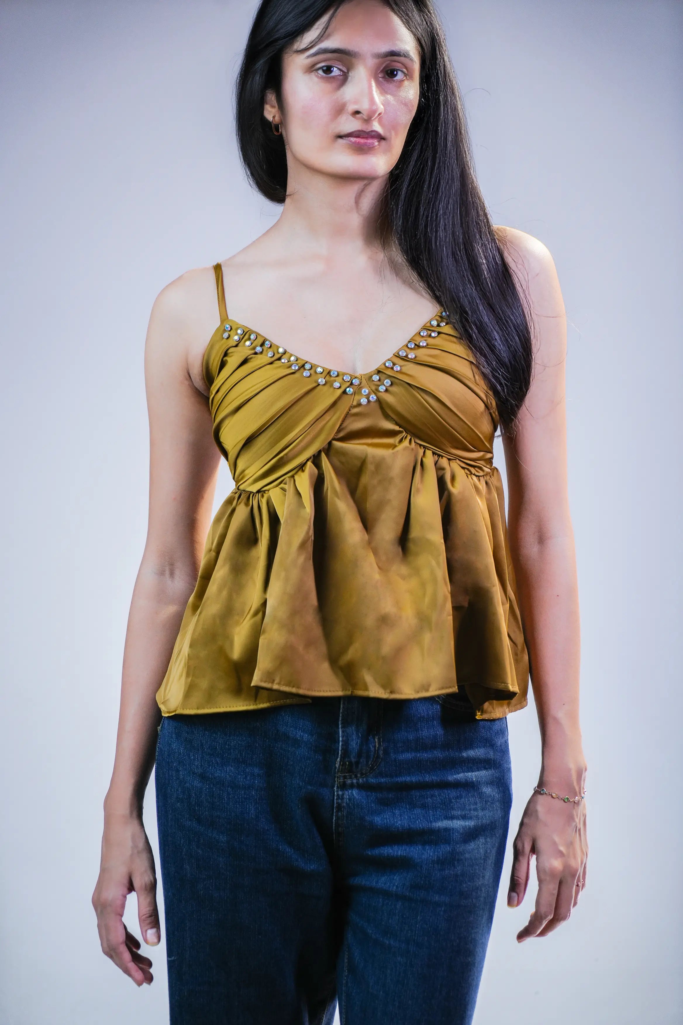 Olive Green Embellished Peplum Cami Top