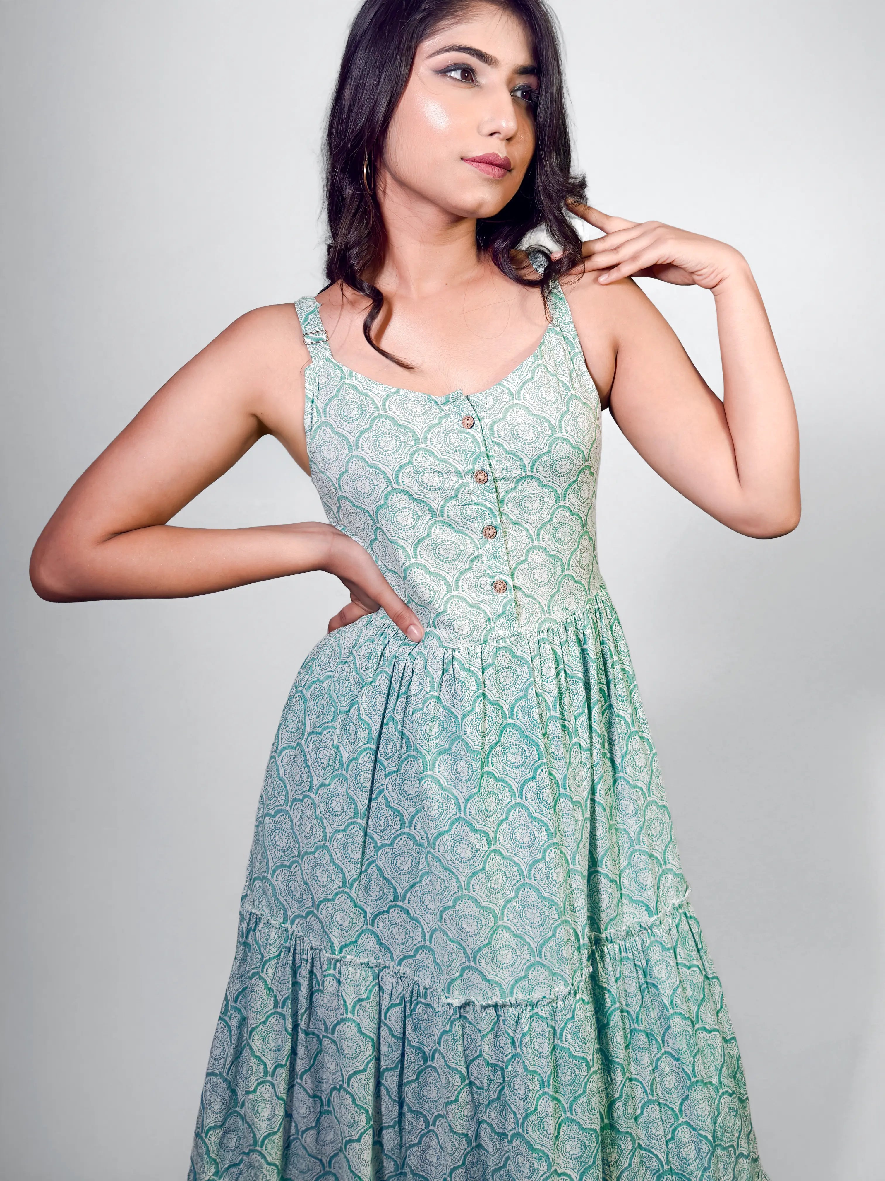 Mint Green Hand block Printed Tiered Maxi Dress