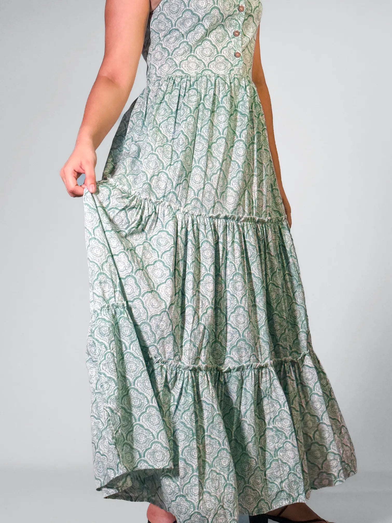 Mint Green Hand block Printed Tiered Maxi Dress