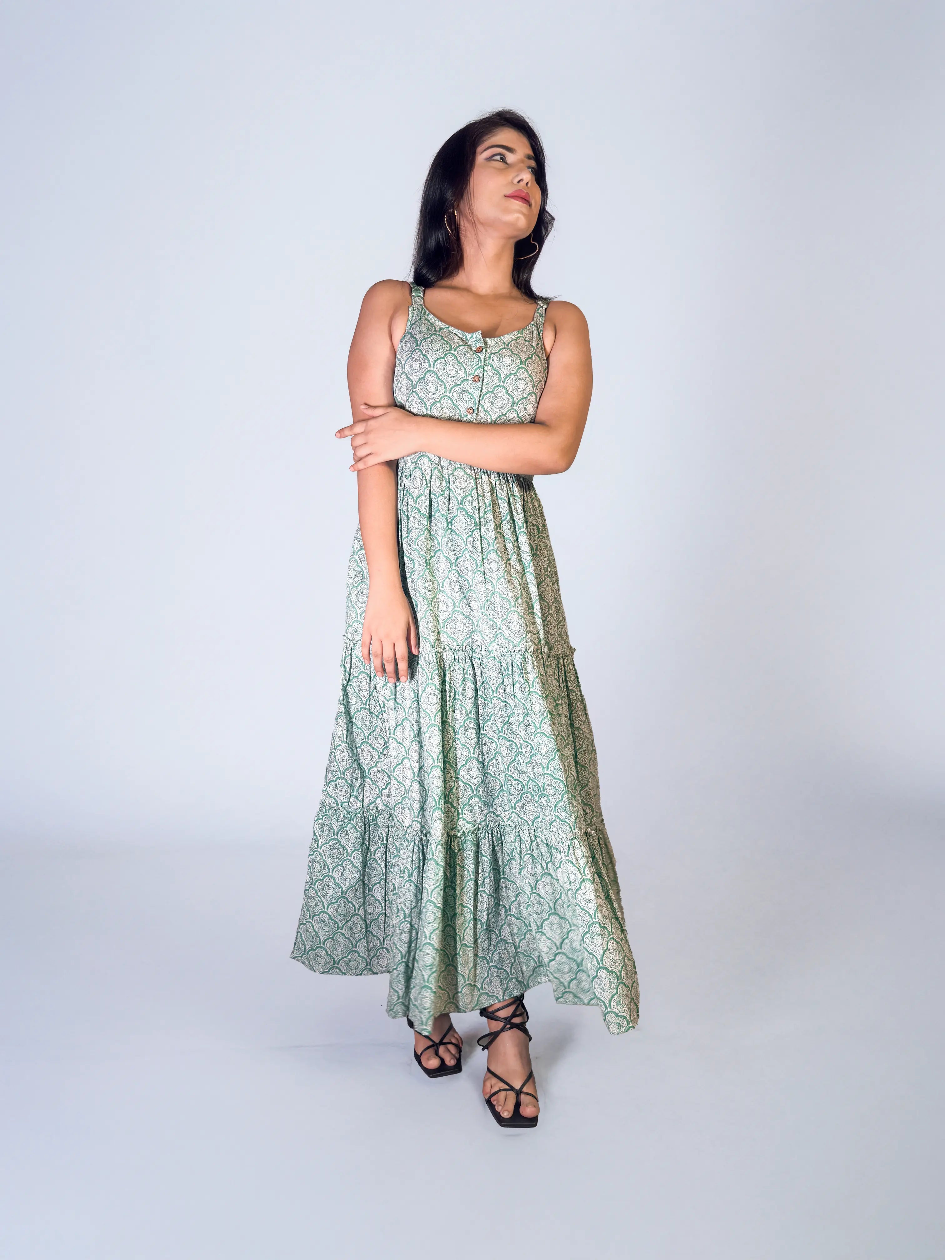 Mint Green Hand block Printed Tiered Maxi Dress