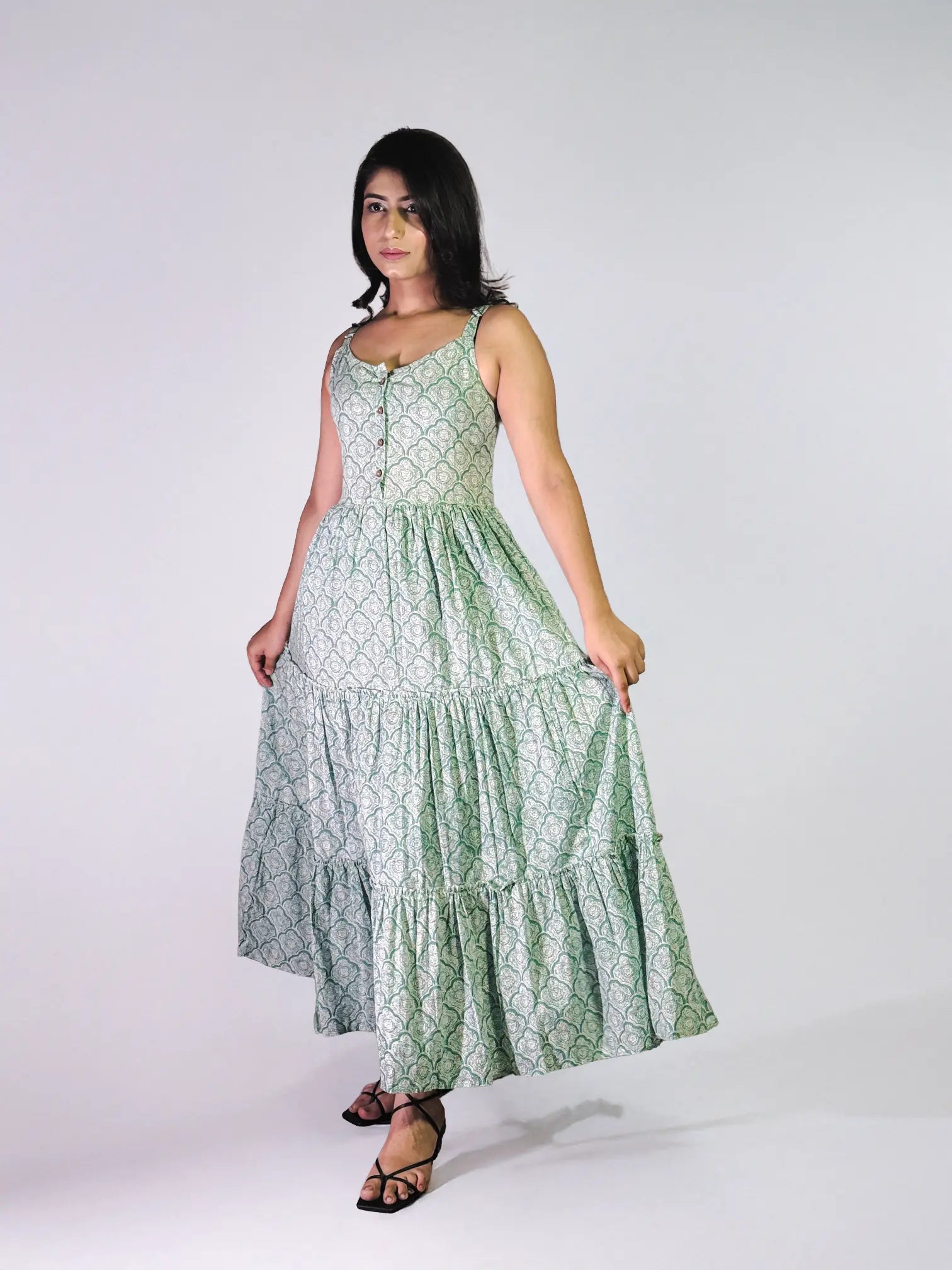 Mint Green Hand block Printed Tiered Maxi Dress