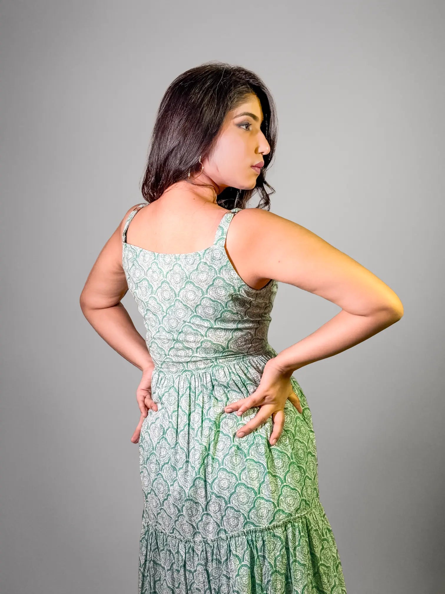 Mint Green Hand block Printed Tiered Maxi Dress