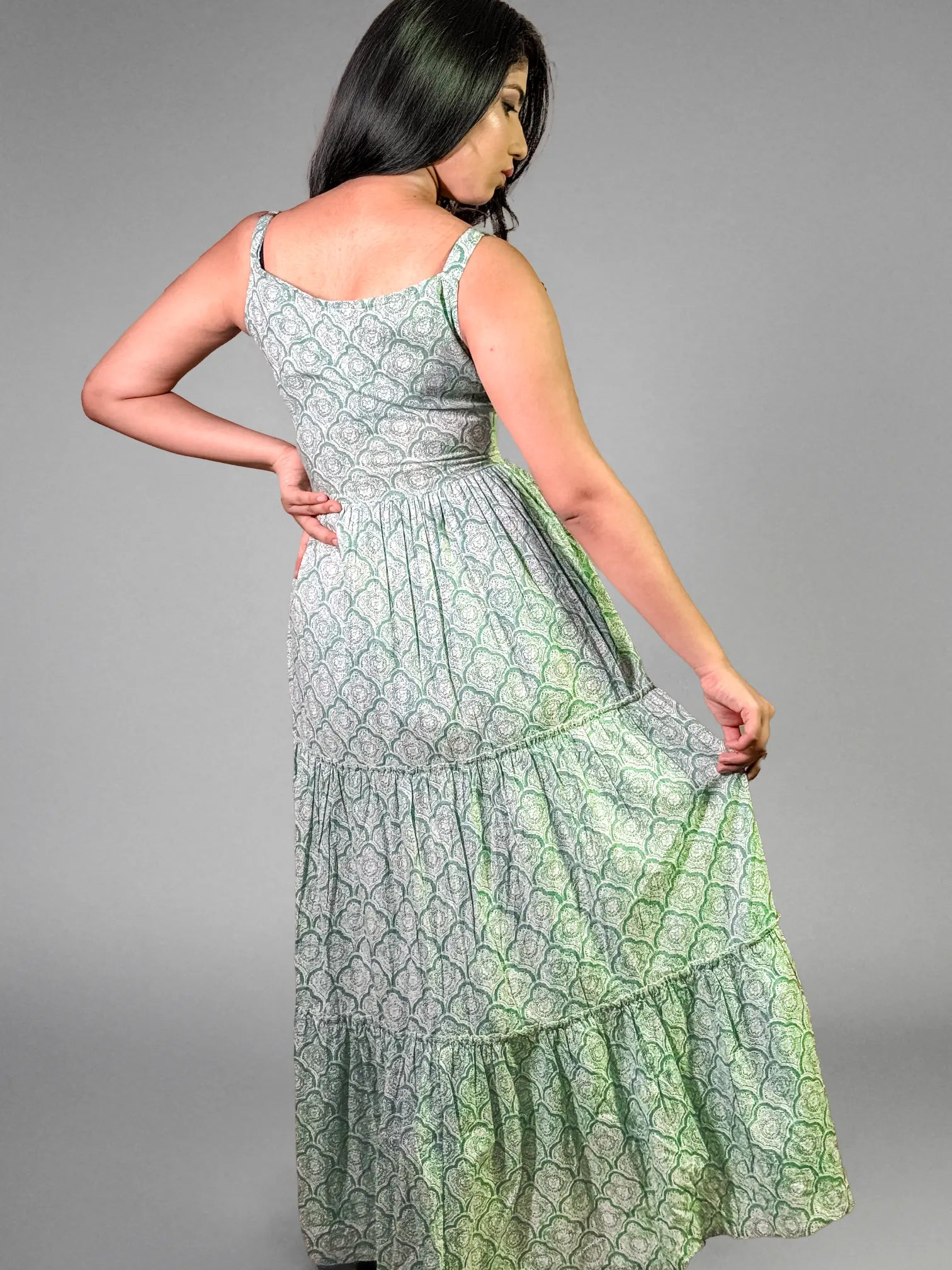 Mint Green Hand block Printed Tiered Maxi Dress