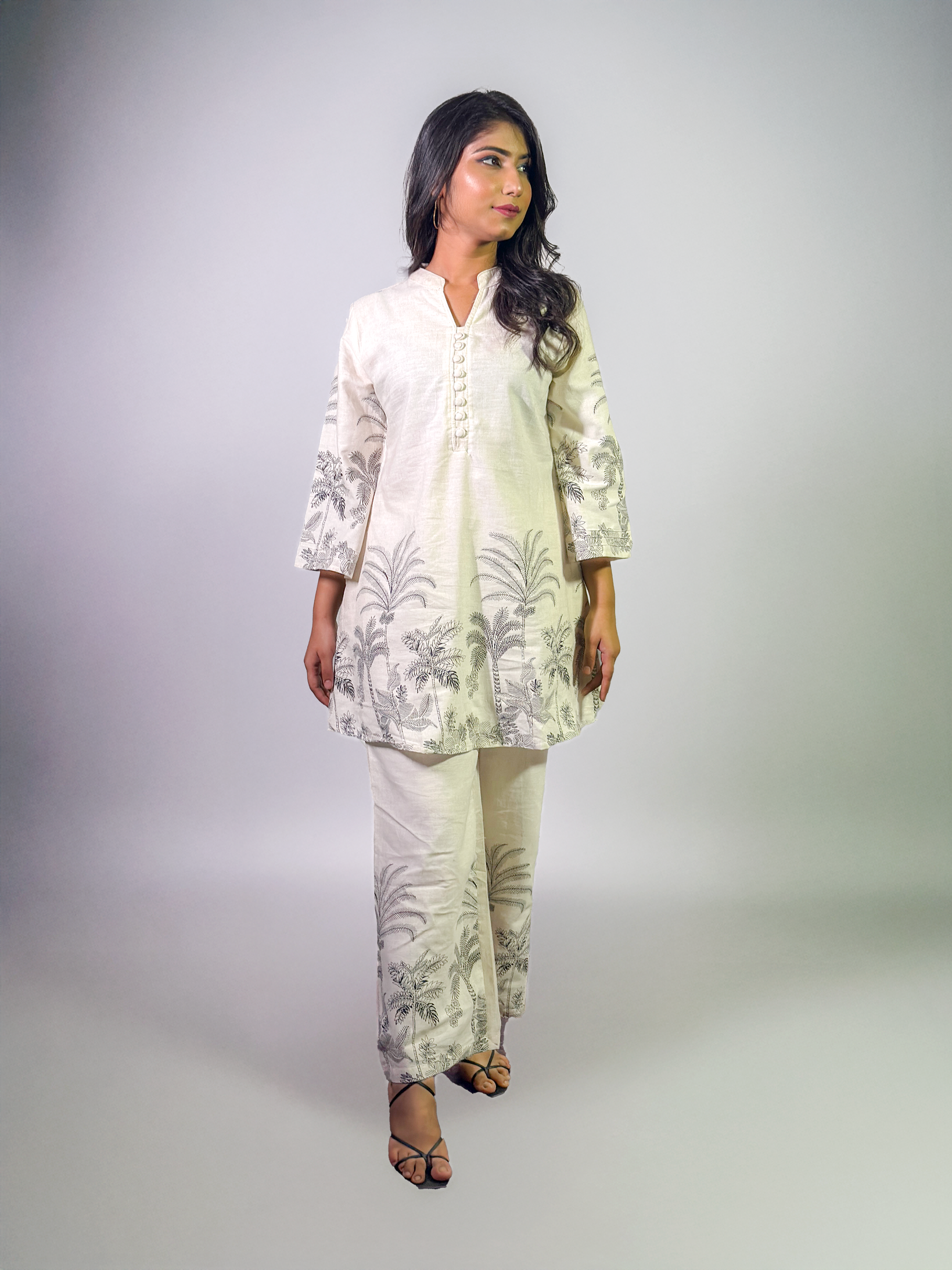 Ivory & Charcoal Hand block Palm Print Coord Set – Al-SS1-25-0002