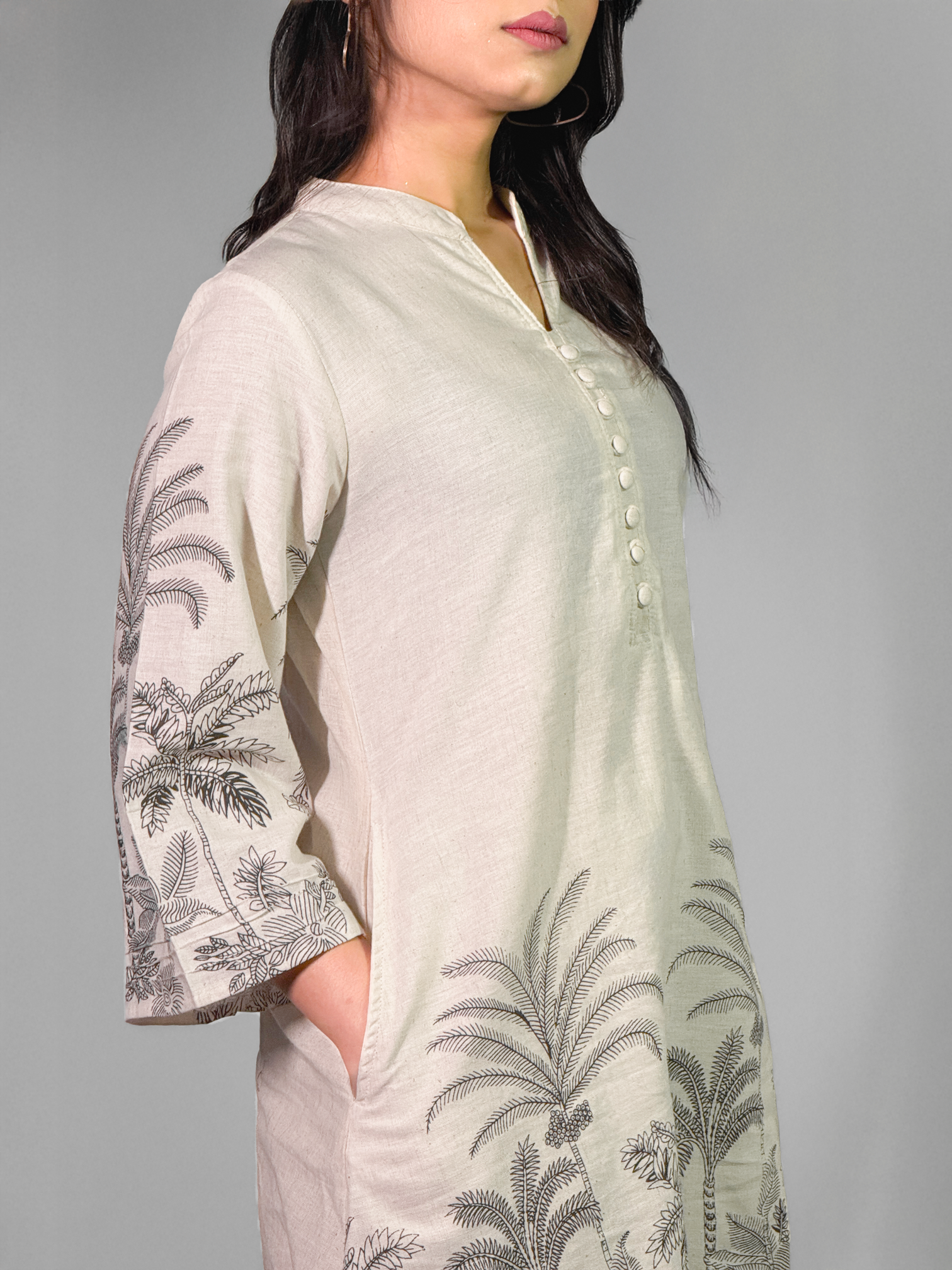 Ivory & Charcoal Hand block Palm Print Coord Set – Al-SS1-25-0002
