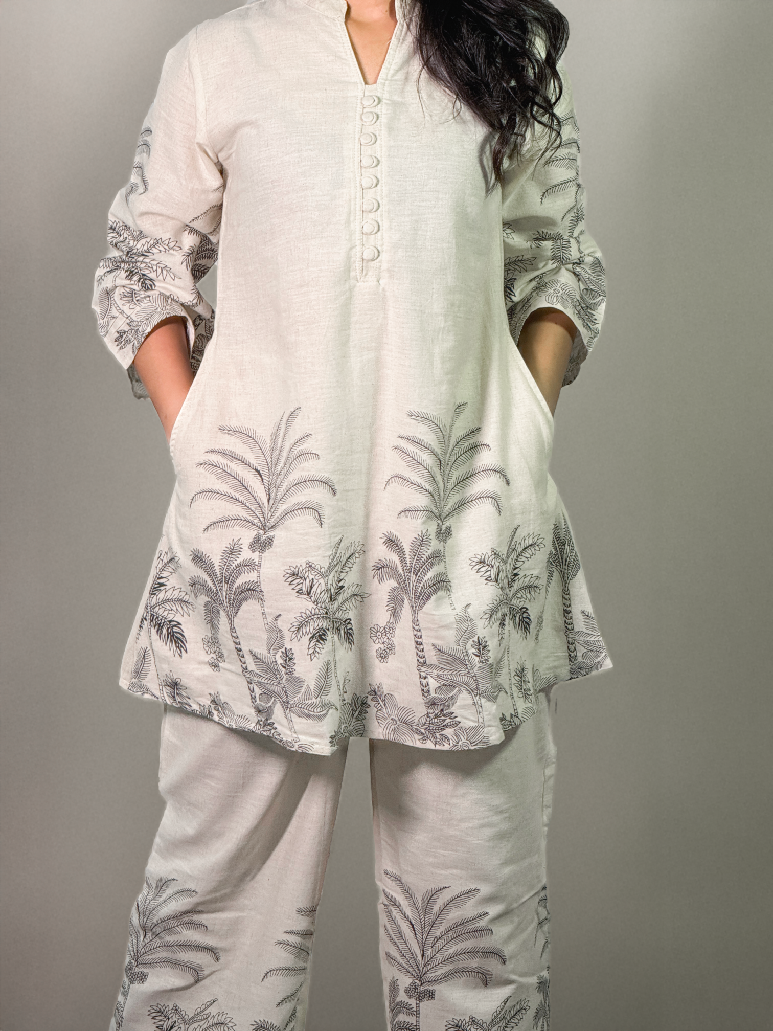 Ivory & Charcoal Hand block Palm Print Coord Set – Al-SS1-25-0002