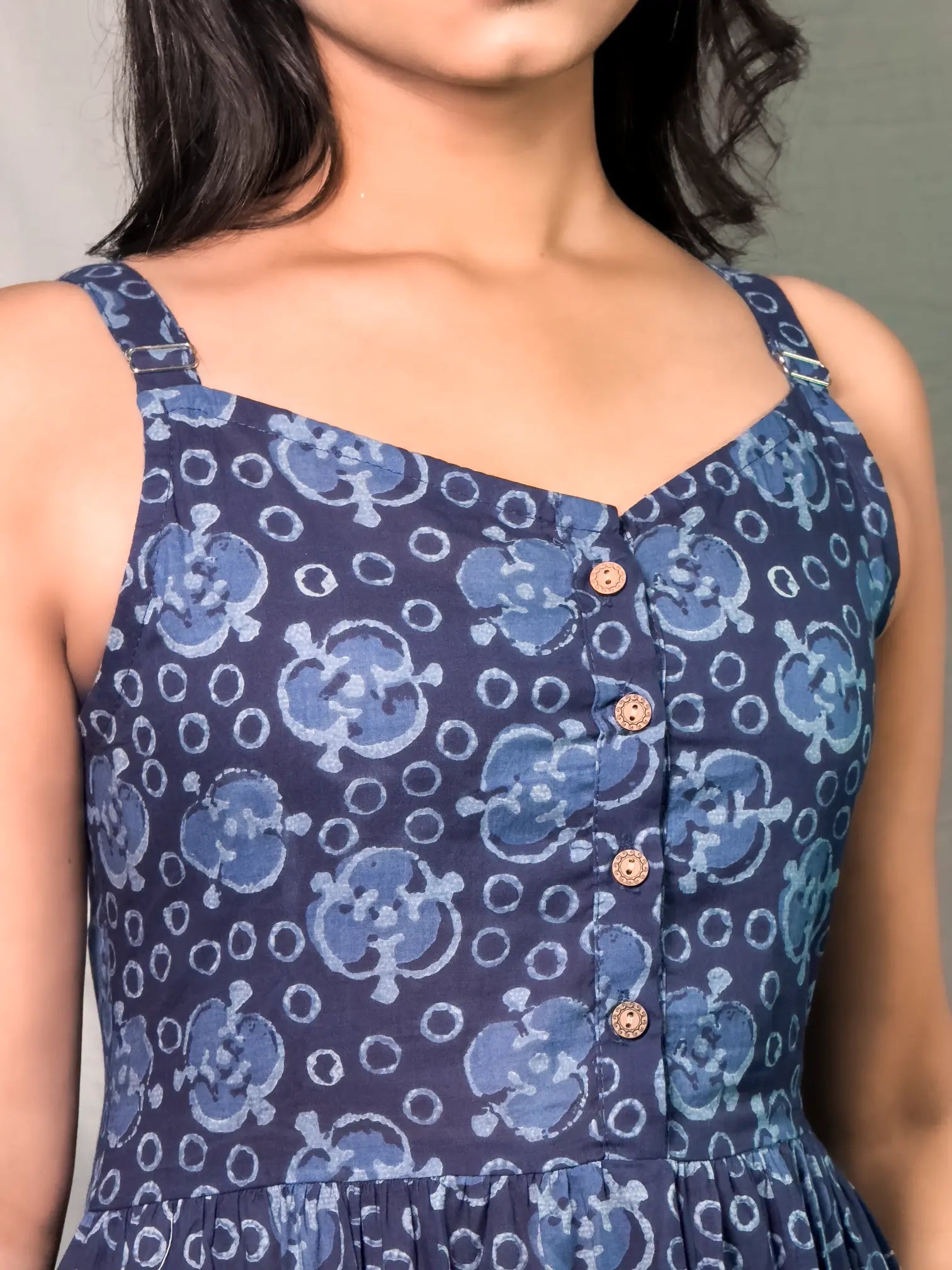 Indigo Blue Floral Printed Dress with Button Front
