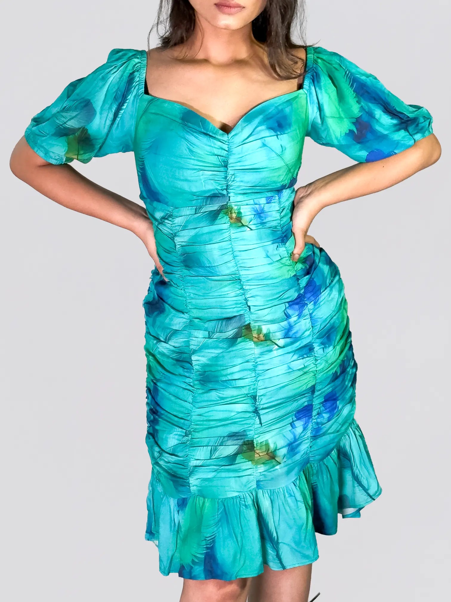 Aqua Blue Ruched Satin Mini Dress with Puff Sleeves