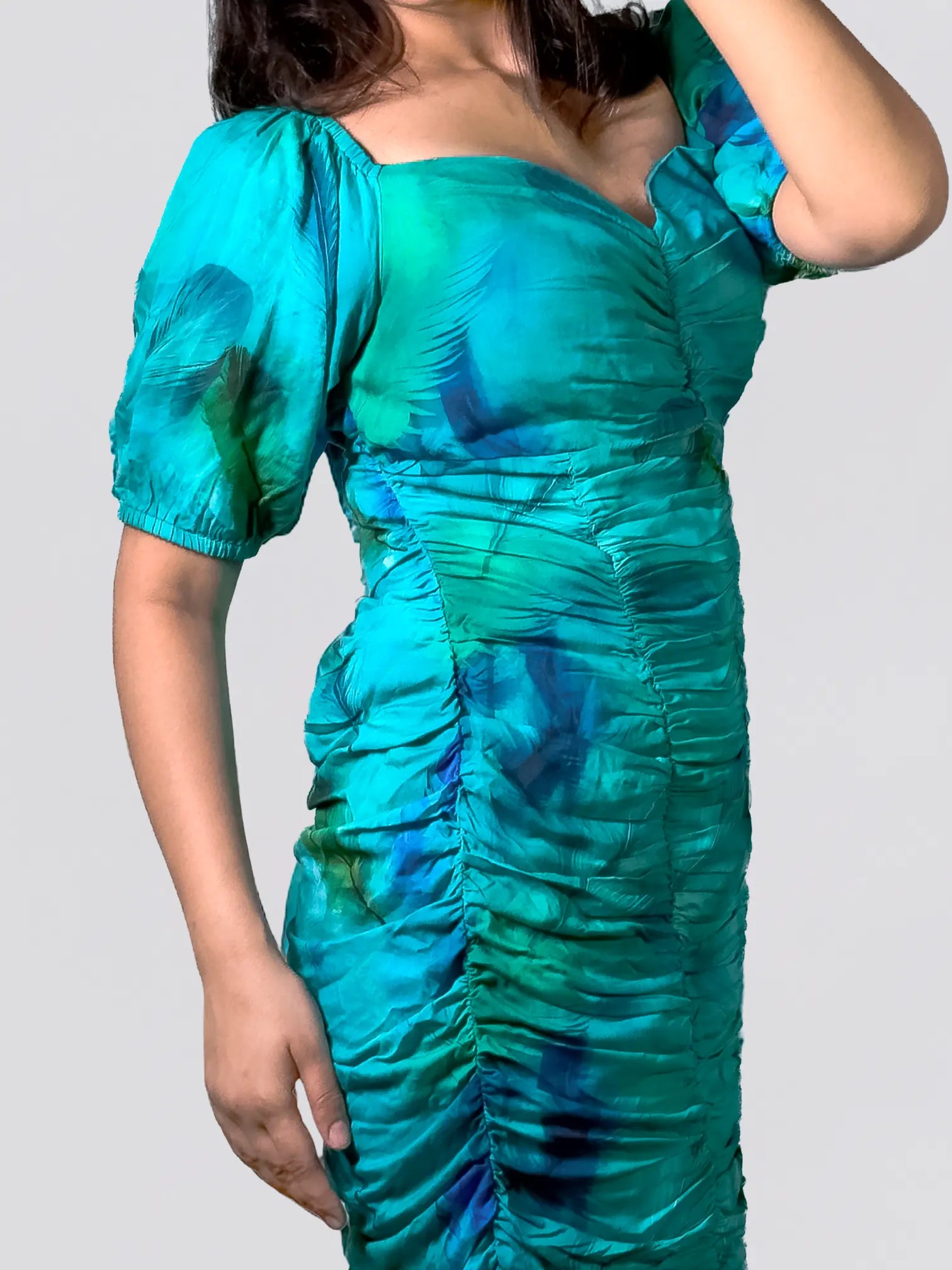 Aqua Blue Ruched Satin Mini Dress with Puff Sleeves
