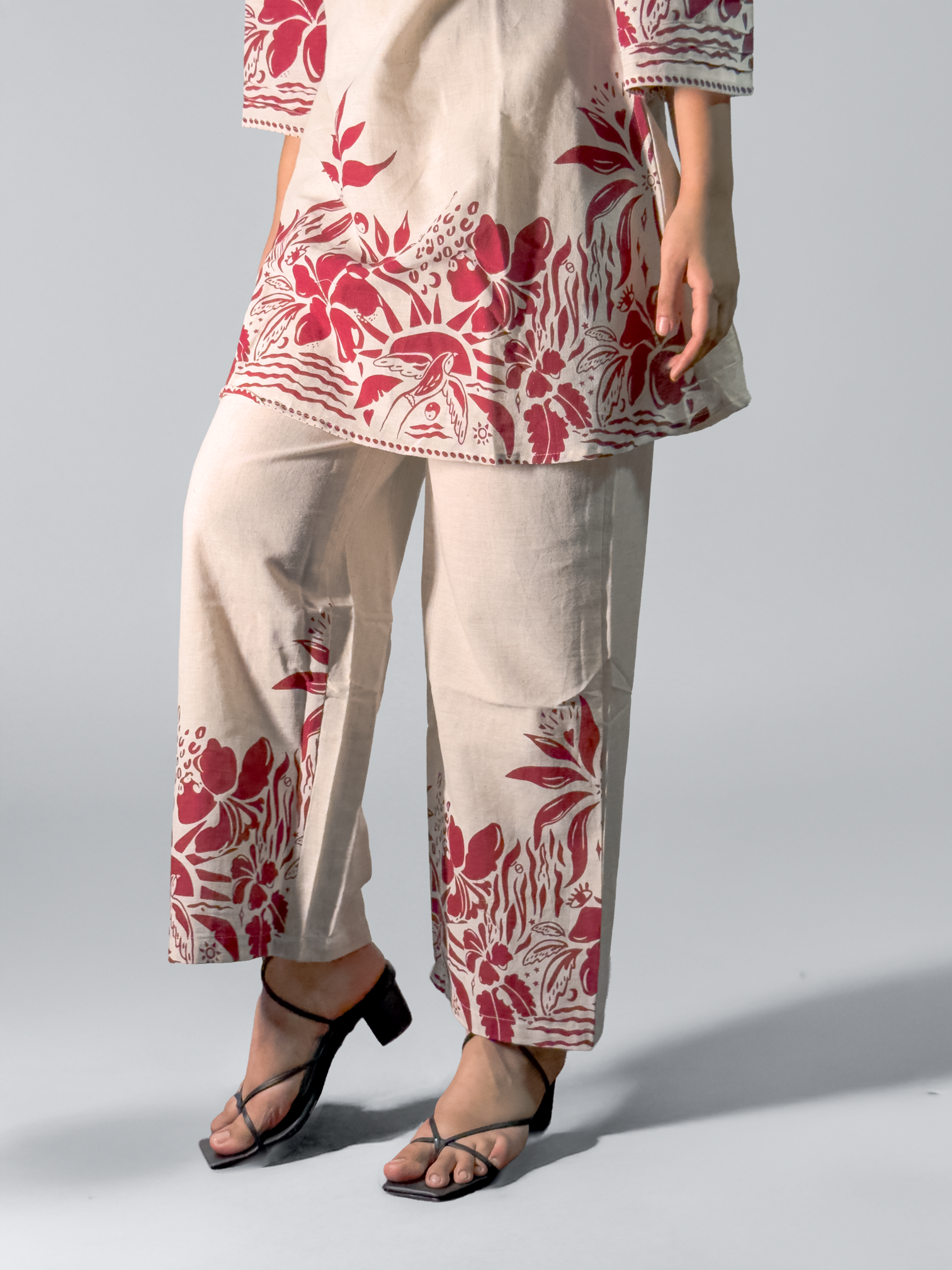 Ivory & Maroon Hand block Printed Floral Coord Set – Al-SS1-25-0003
