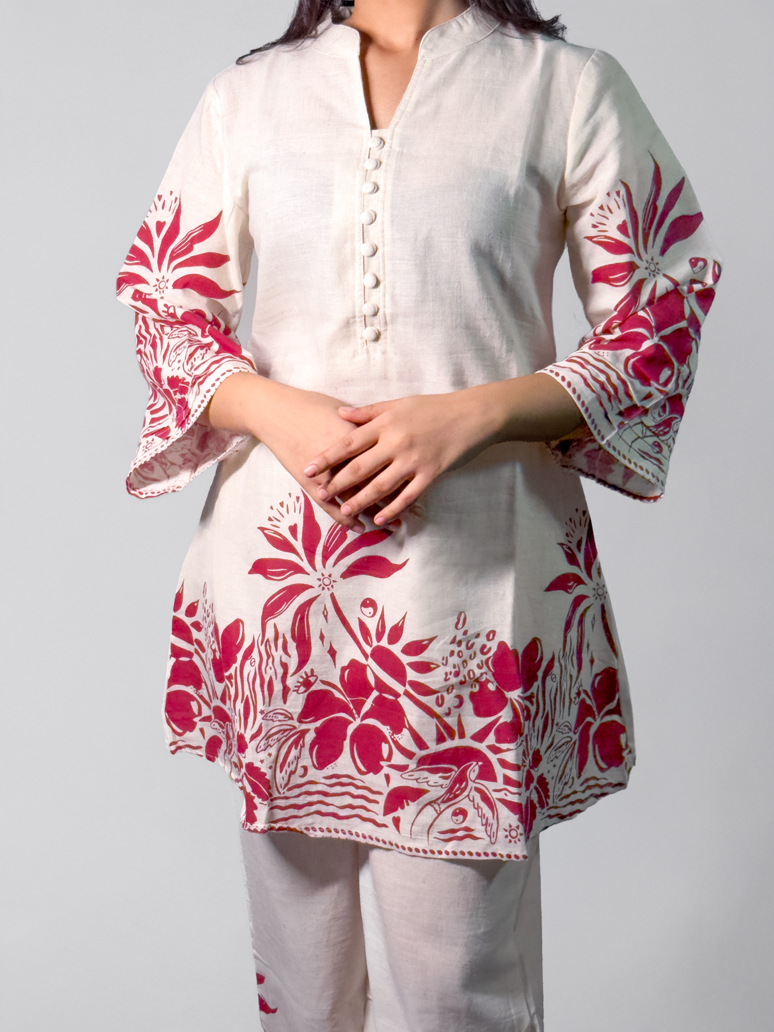 Ivory & Maroon Hand block Printed Floral Coord Set – Al-SS1-25-0003