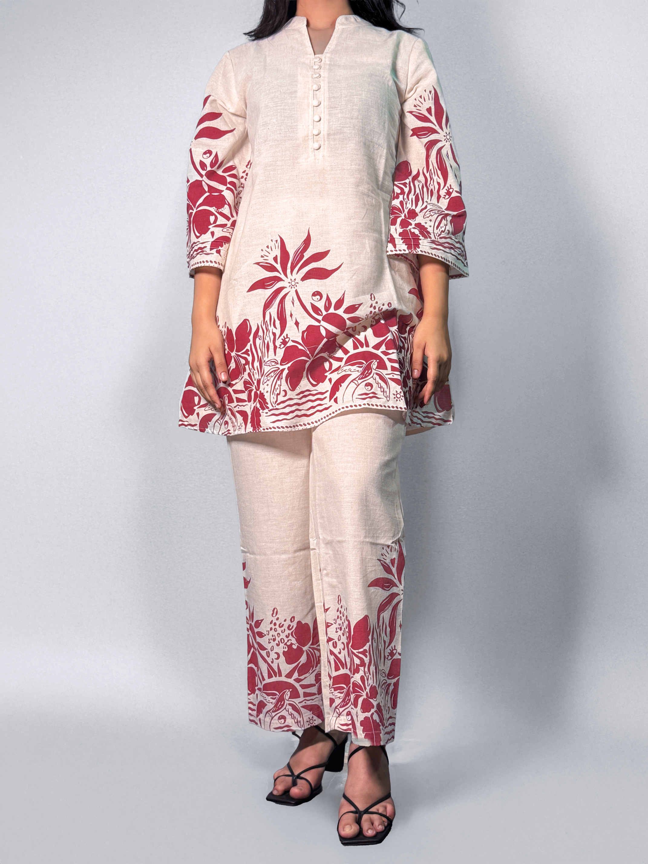 Ivory & Maroon Hand block Printed Floral Coord Set – Al-SS1-25-0003