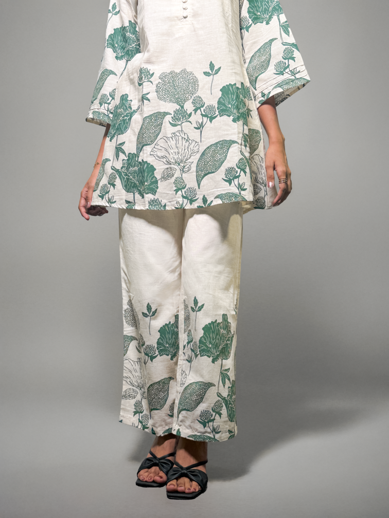 Ivory & Forest Green Handblock Printed Coord Set – Al-SS1-25-0004