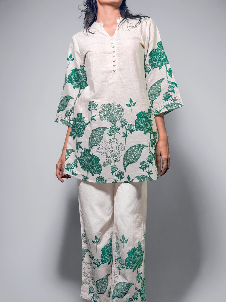 Ivory & Forest Green Handblock Printed Coord Set – Al-SS1-25-0004