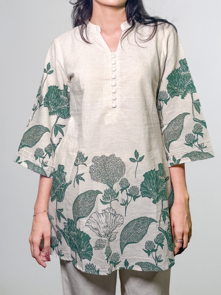 Ivory & Forest Green Handblock Printed Coord Set – Al-SS1-25-0004