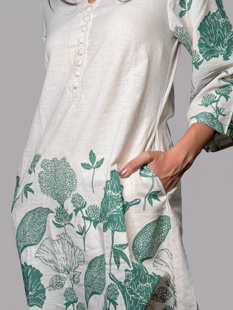 Ivory & Forest Green Handblock Printed Coord Set – Al-SS1-25-0004