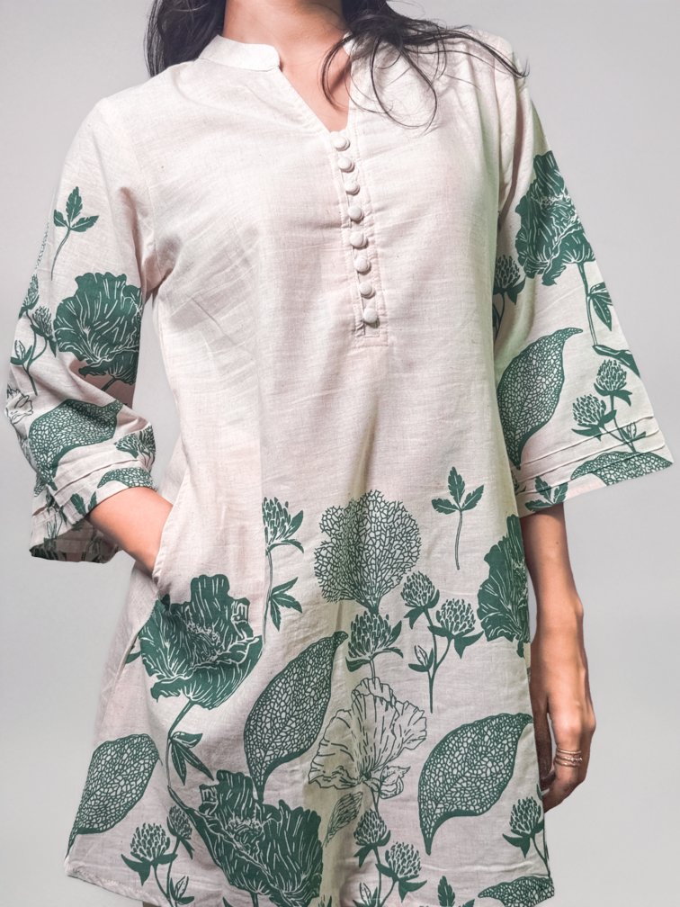 Ivory & Forest Green Handblock Printed Coord Set – Al-SS1-25-0004