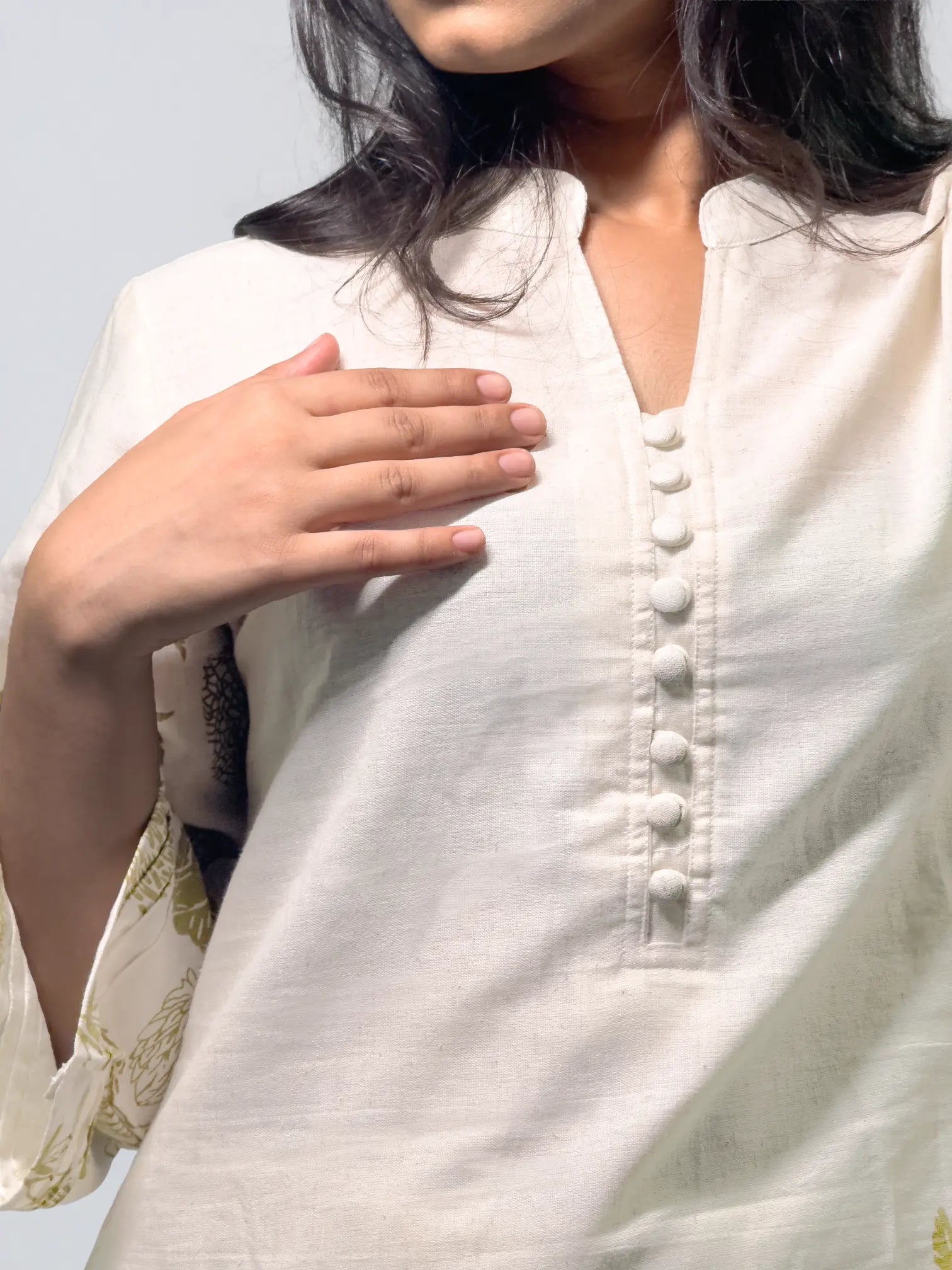 Ivory Handblock Printed Kurta Set with Olive Floral Motifs