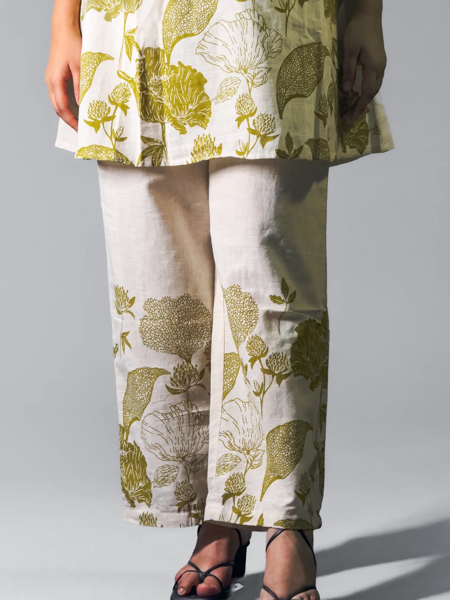 Ivory Handblock Printed Kurta Set with Olive Floral Motifs