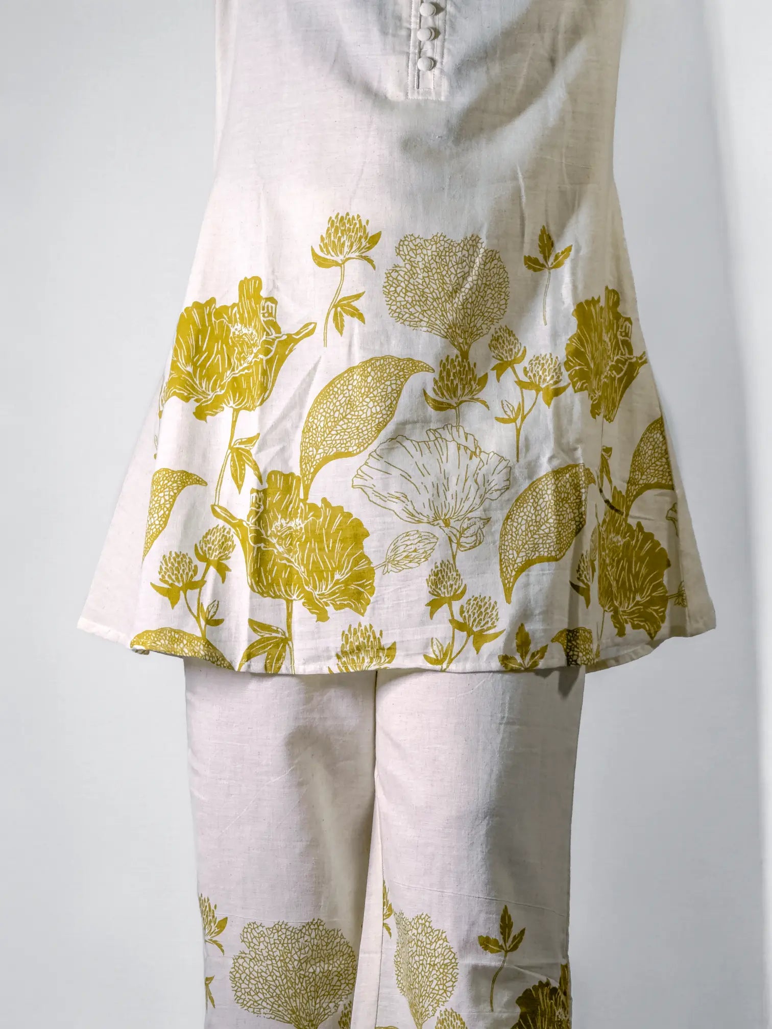 Ivory Handblock Printed Kurta Set with Olive Floral Motifs