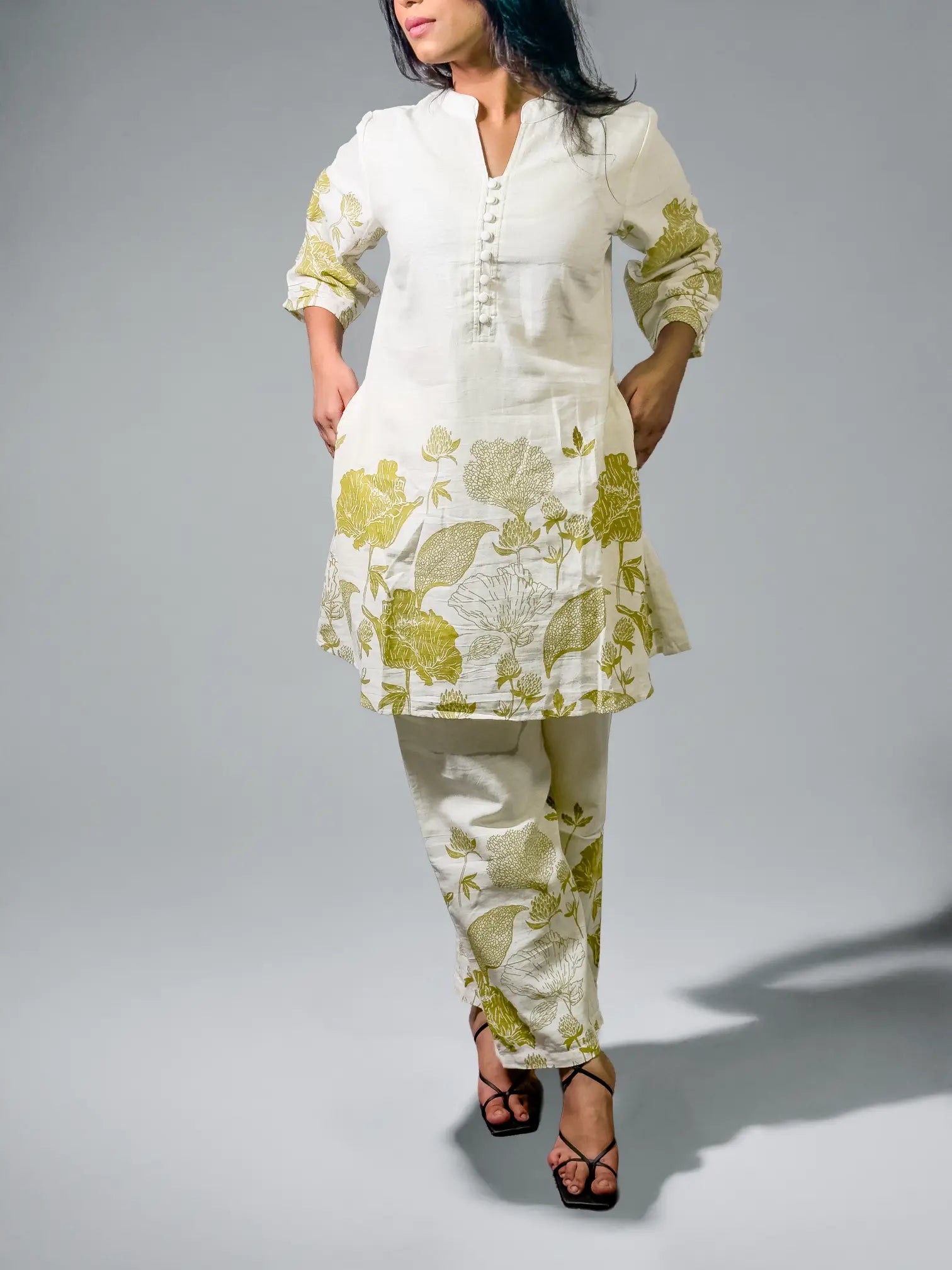 Ivory Handblock Printed Kurta Set with Olive Floral Motifs