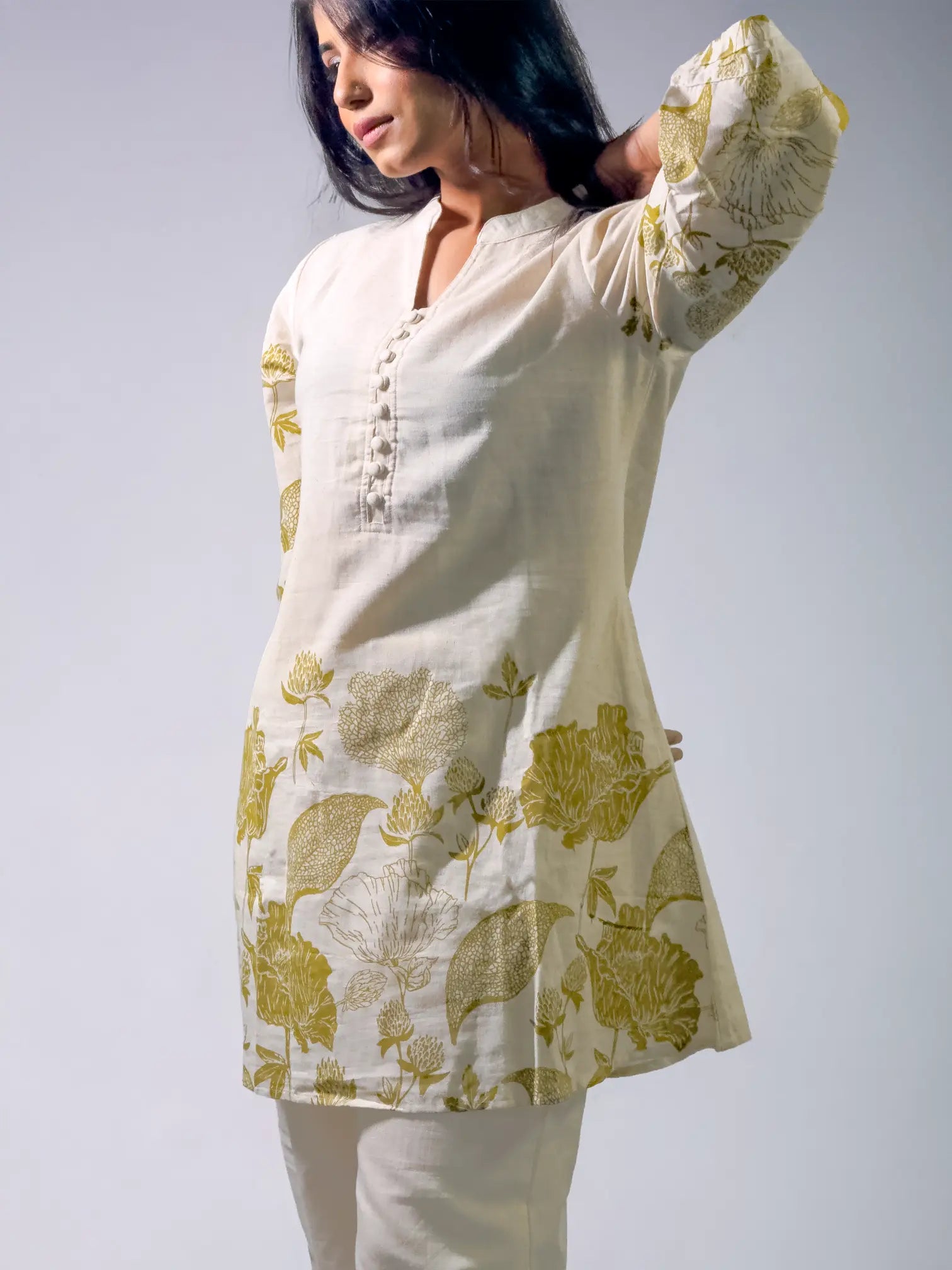 Ivory Handblock Printed Kurta Set with Olive Floral Motifs