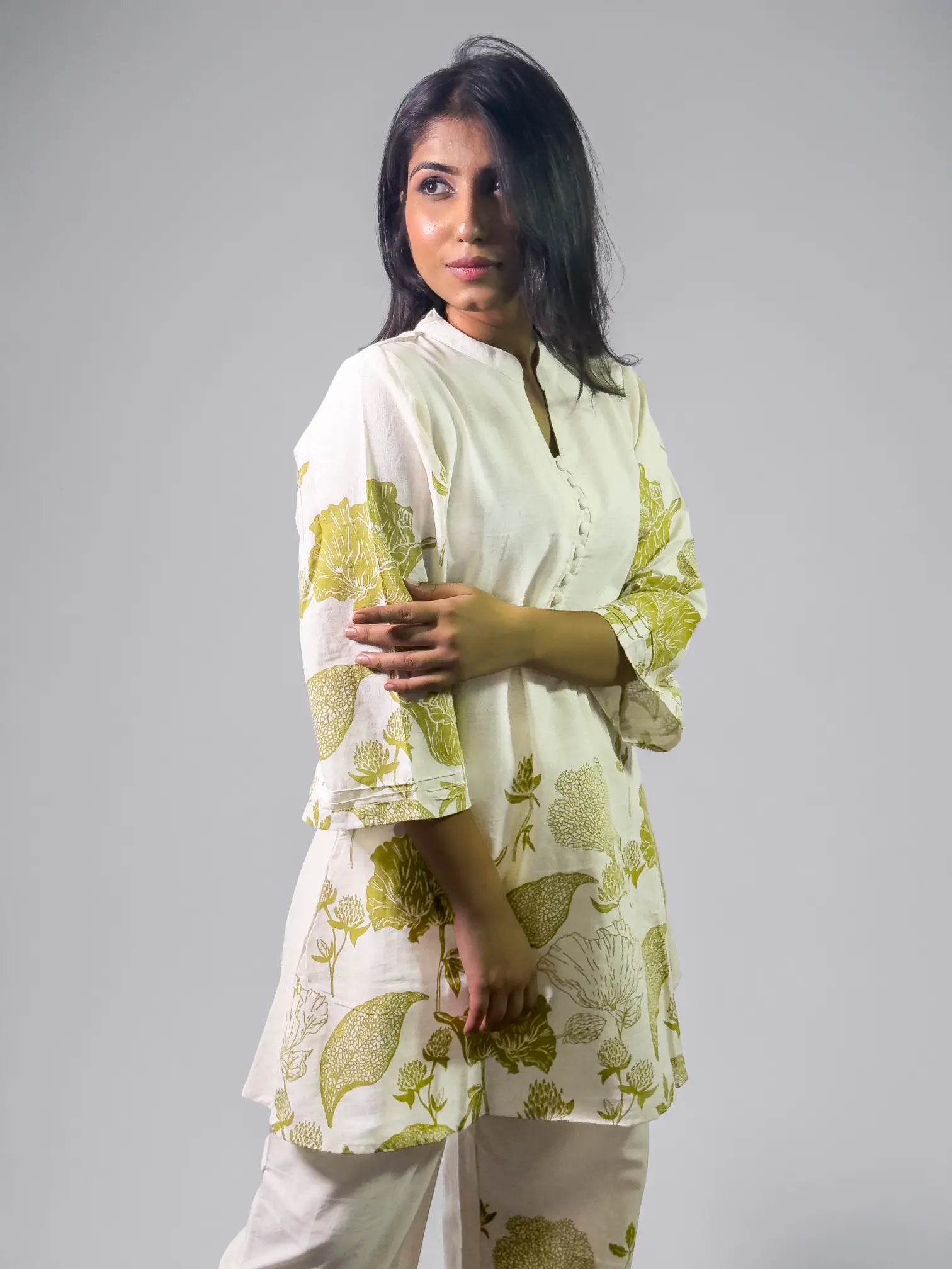 Ivory Handblock Printed Kurta Set with Olive Floral Motifs
