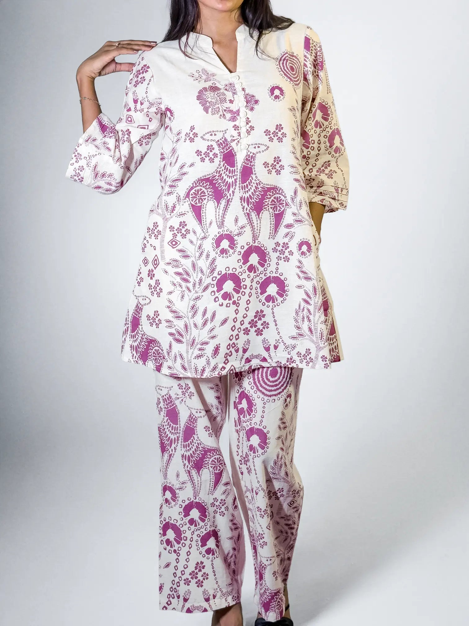 Ivory & Plum Hand block Printed Ethnic Coord Set