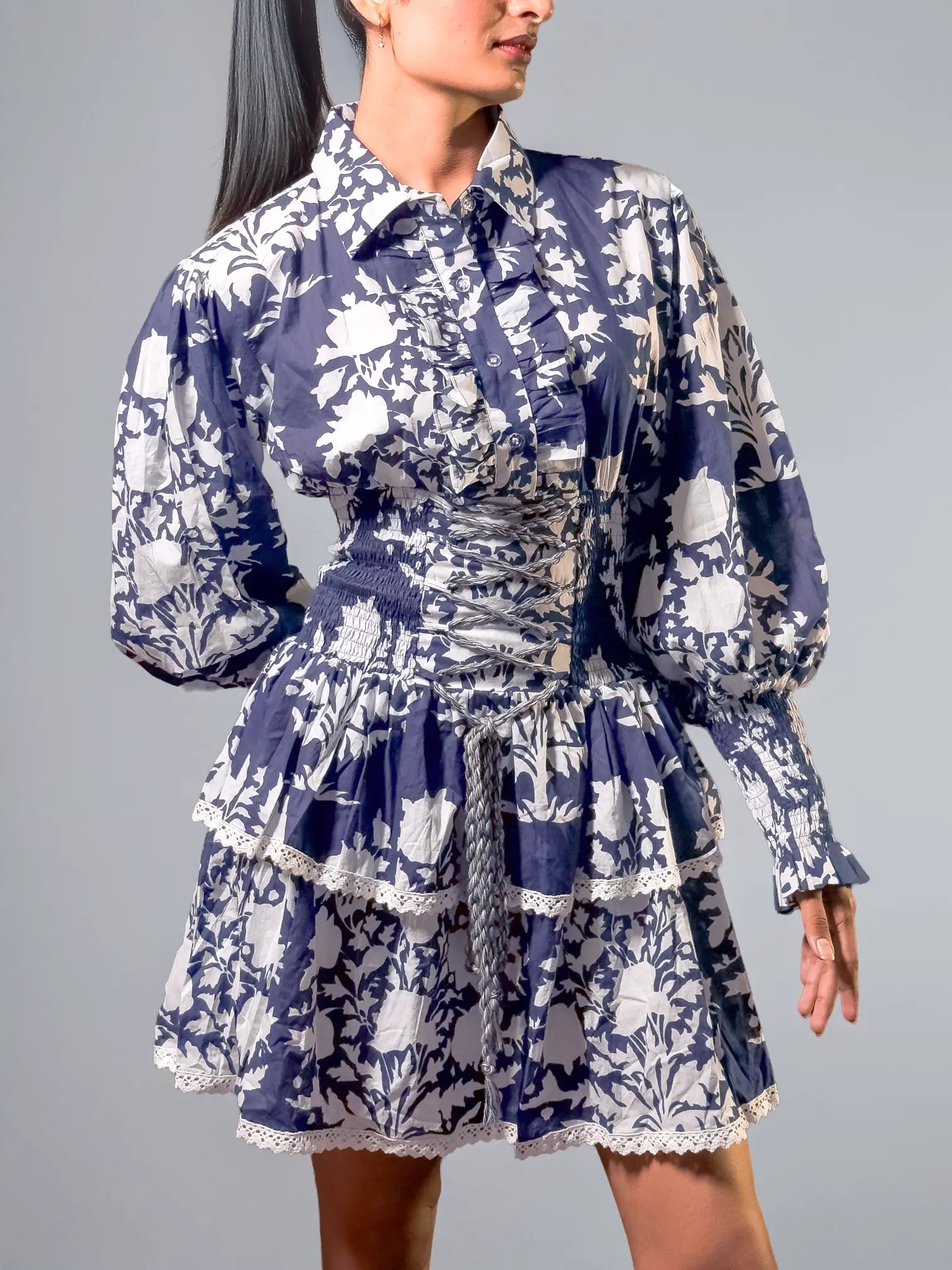 Black & Ivory Botanical Print Tiered Mini Dress – Al-SS1-25-2004