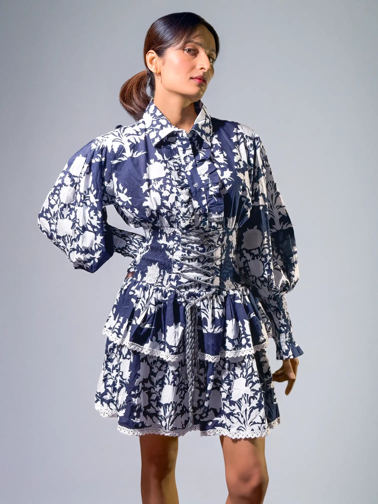 Black & Ivory Botanical Print Tiered Mini Dress – Al-SS1-25-2004