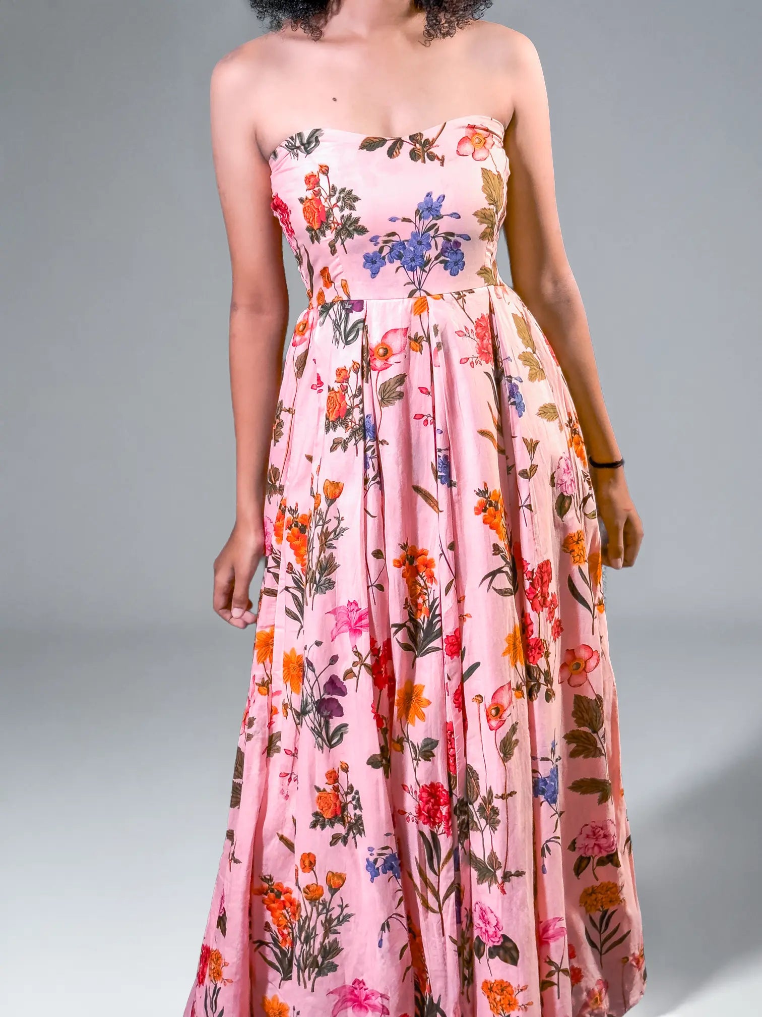 Peach Floral Symphony Strapless Maxi Dress