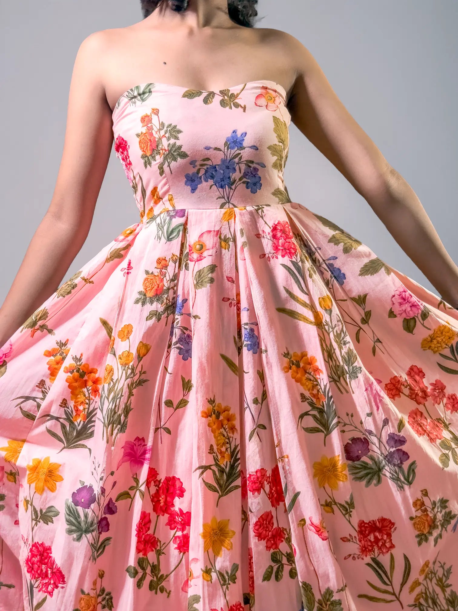 Peach Floral Symphony Strapless Maxi Dress