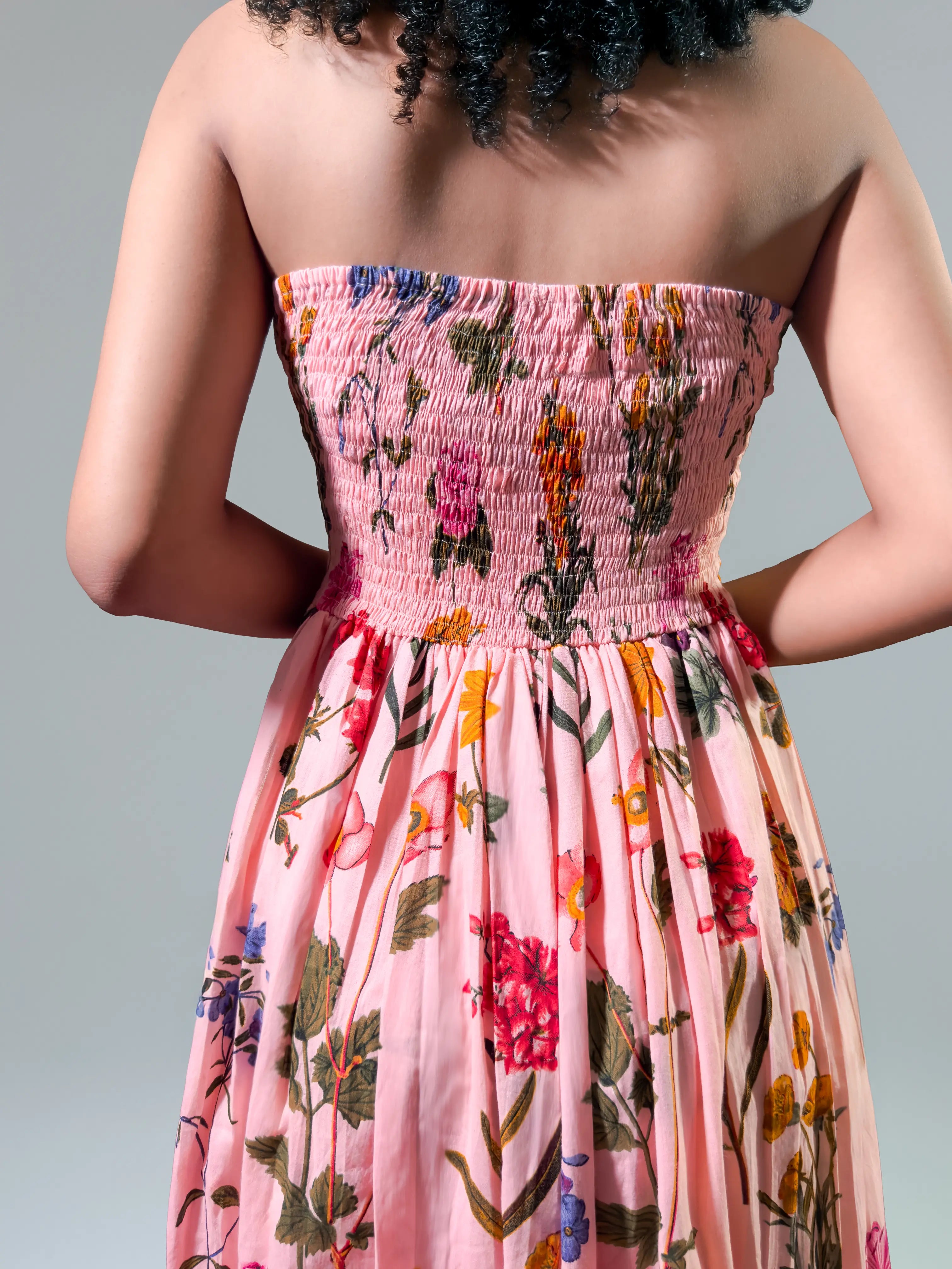 Peach Floral Symphony Strapless Maxi Dress