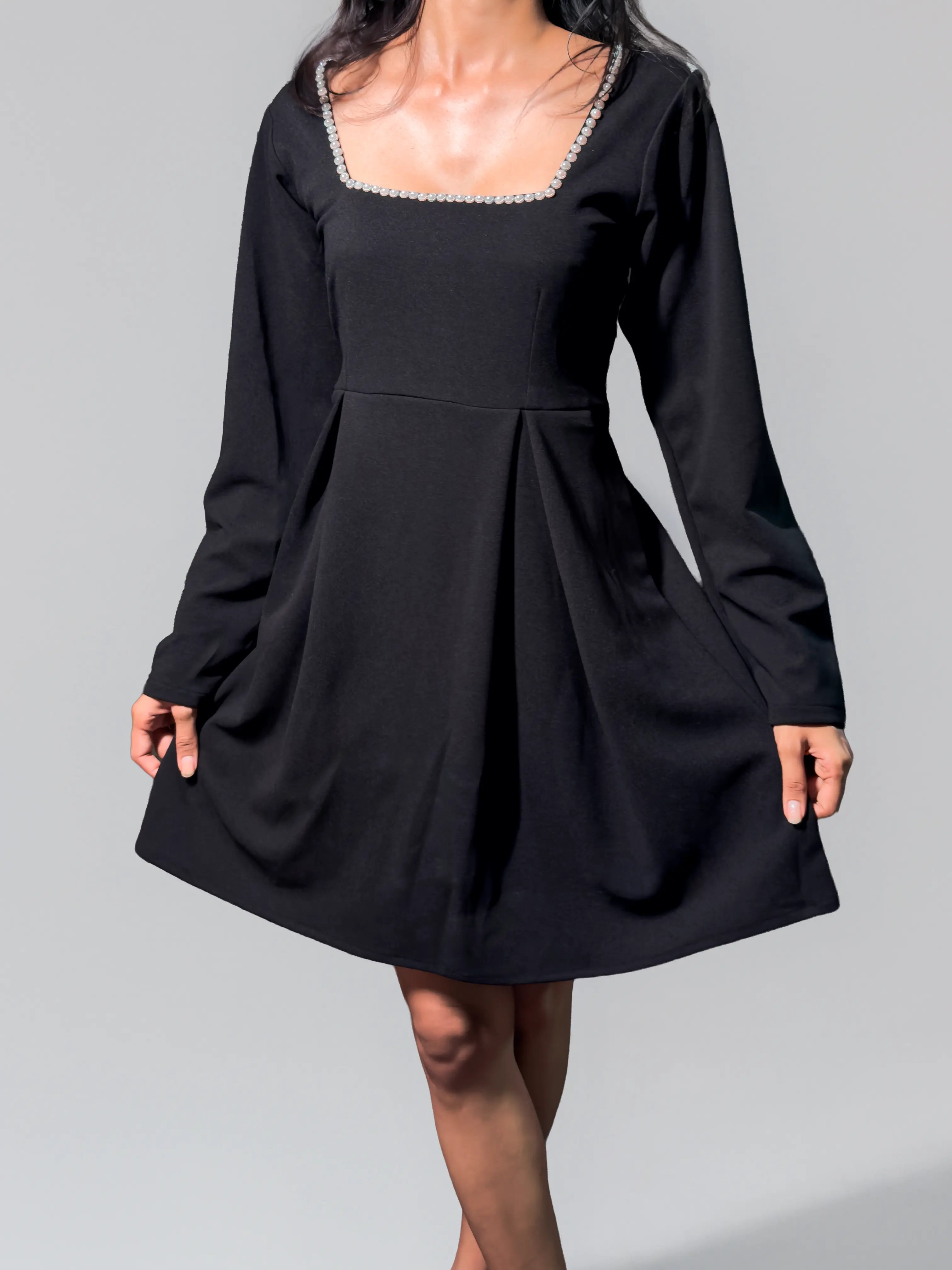Black Solid Long Dress with Pearl Neckline (AL-SS1-25-4004)