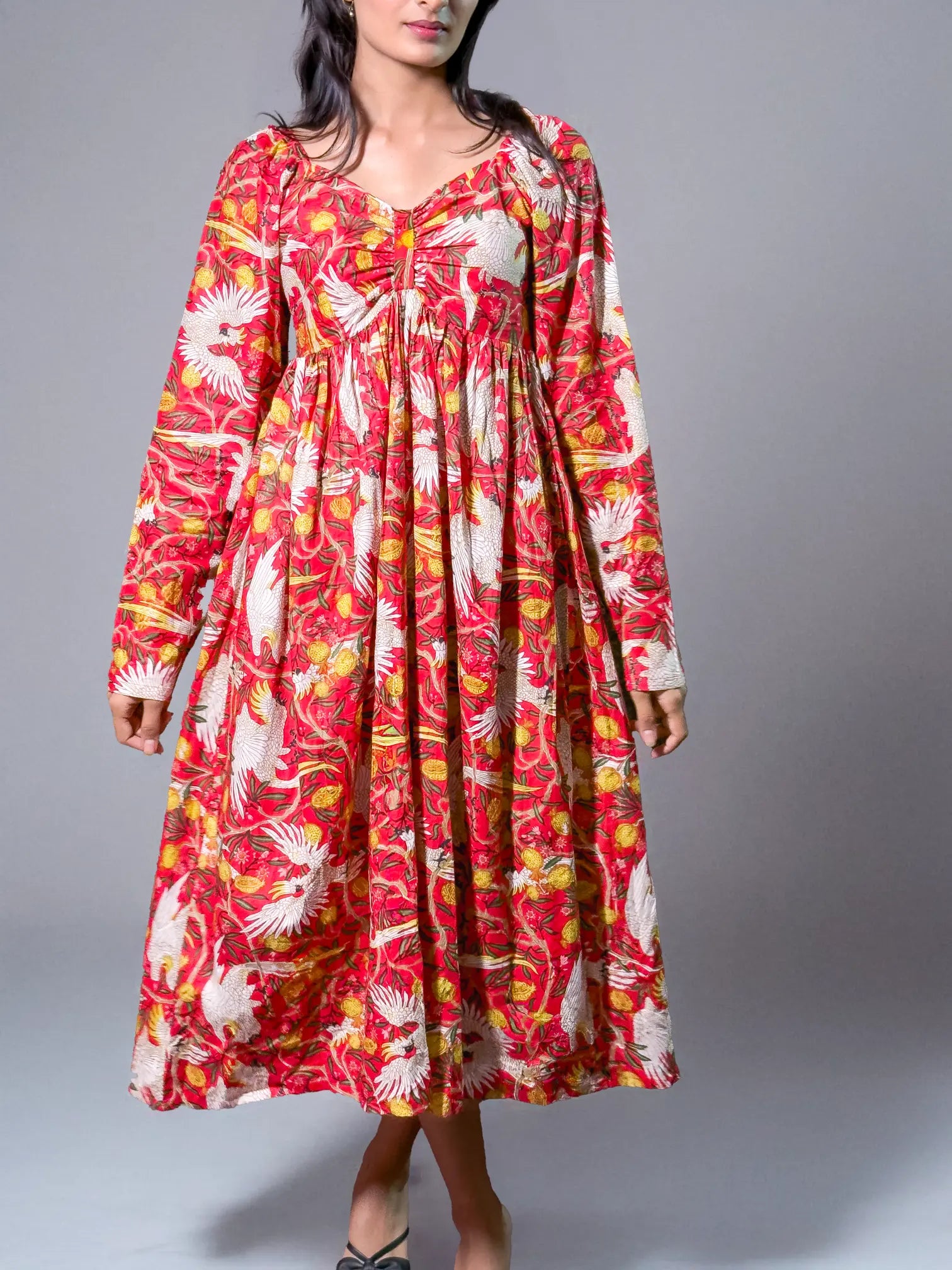 Tropical Red Bird & Floral Maxi Dress