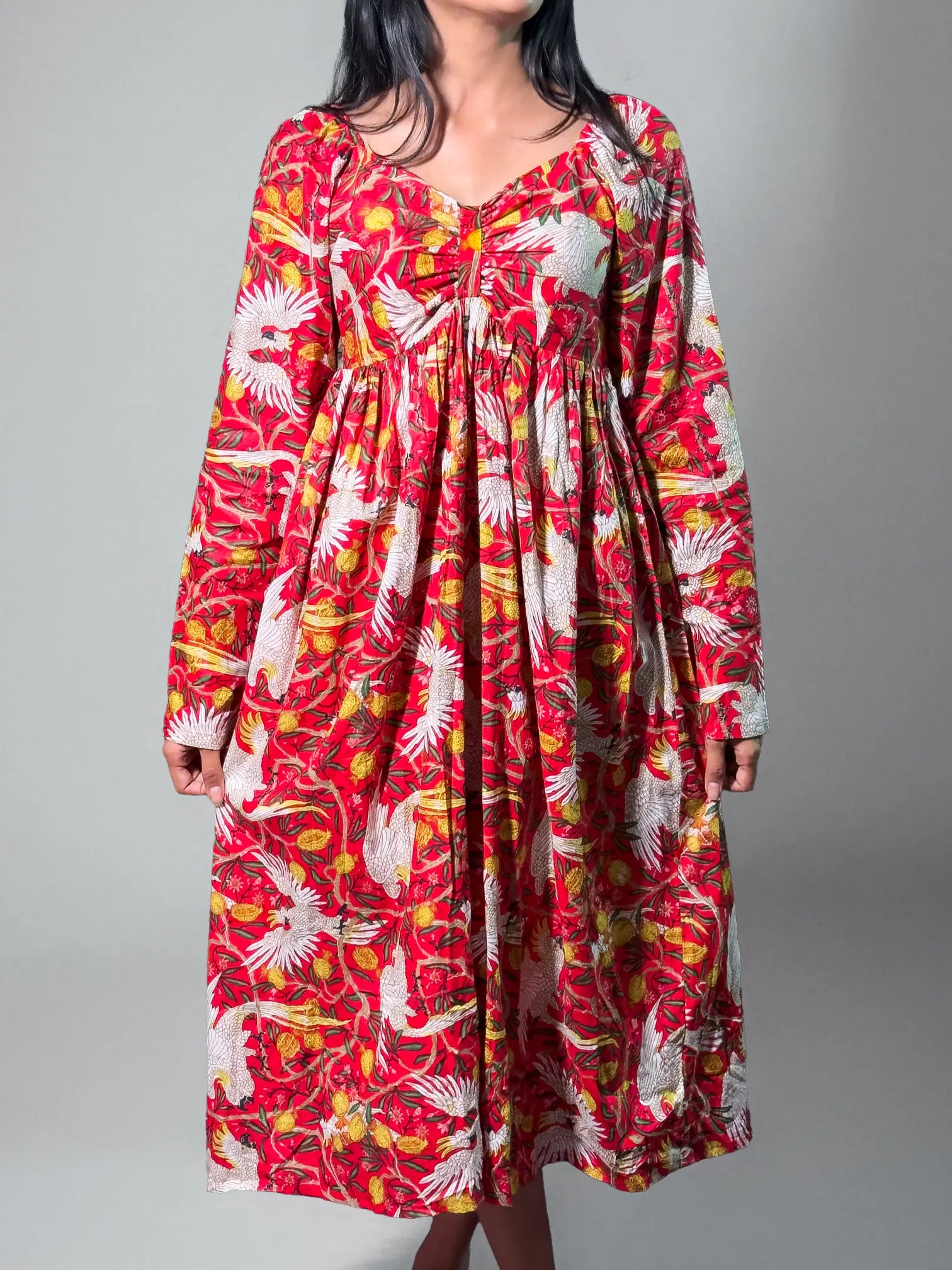 Tropical Red Bird & Floral Maxi Dress