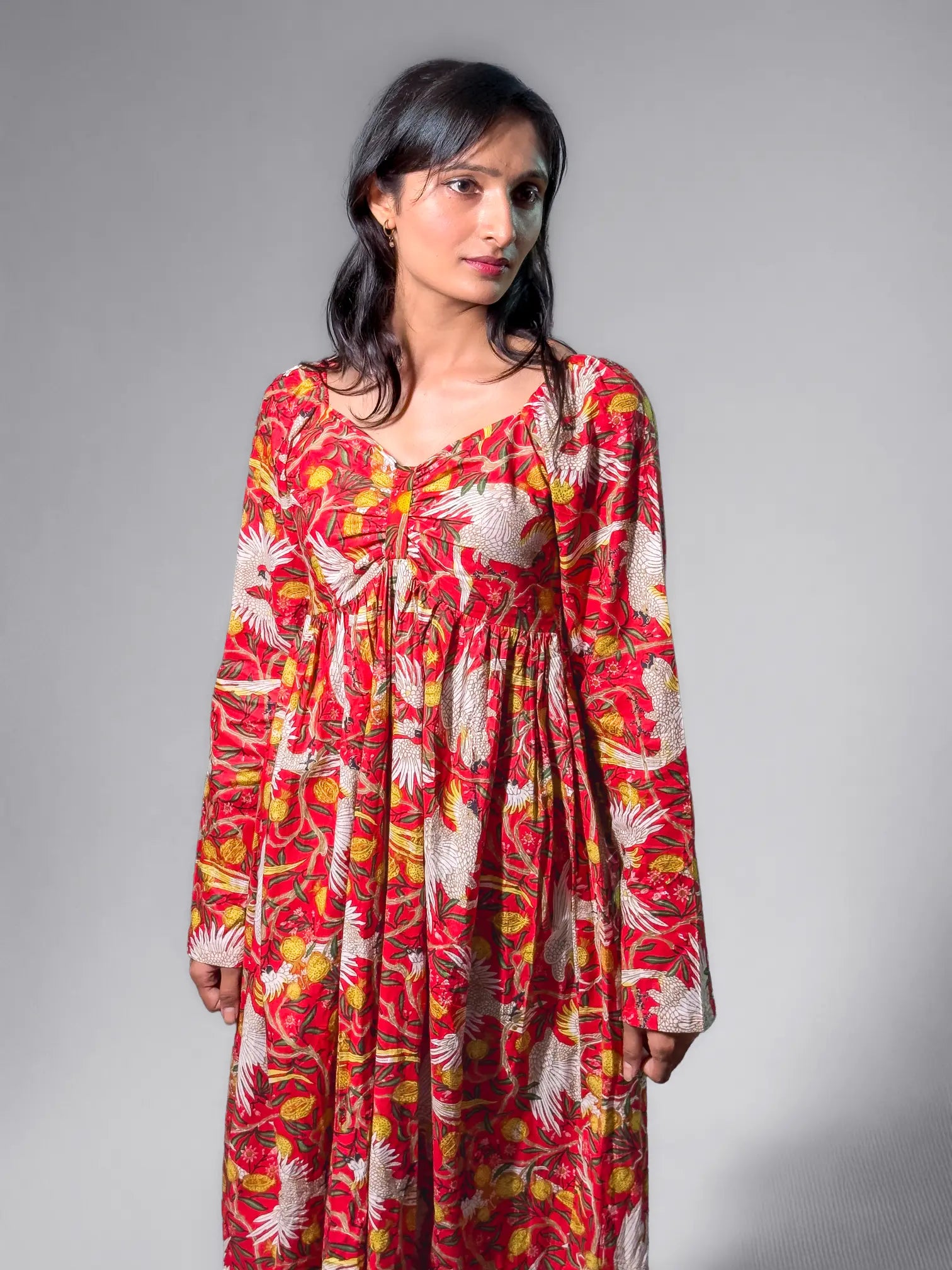 Tropical Red Bird & Floral Maxi Dress
