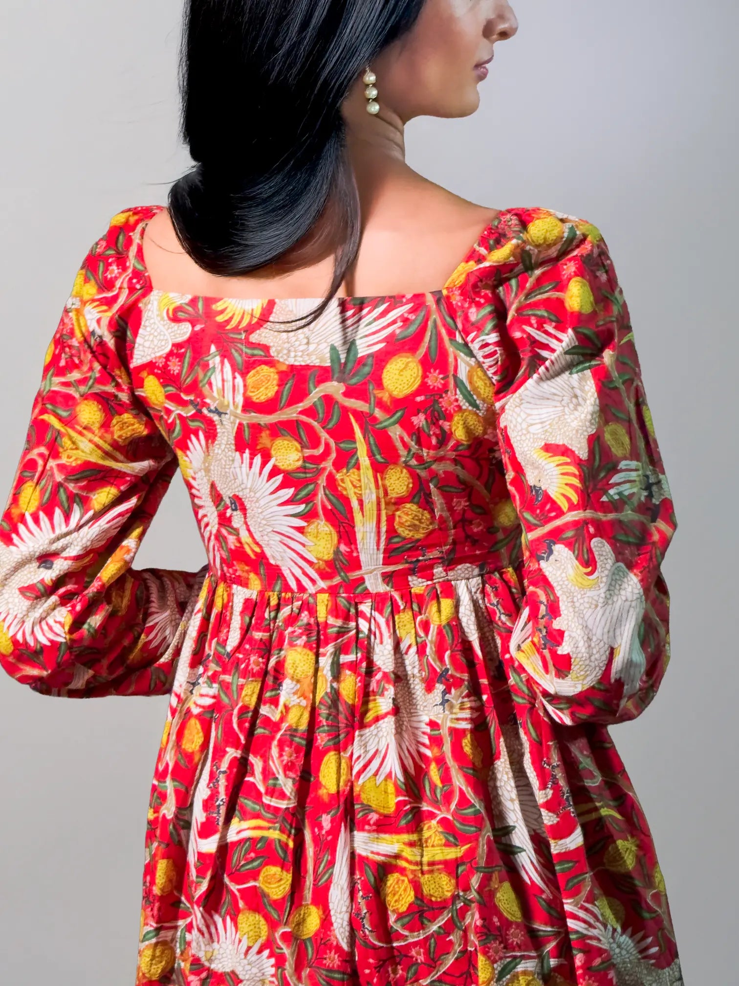 Tropical Red Bird & Floral Maxi Dress